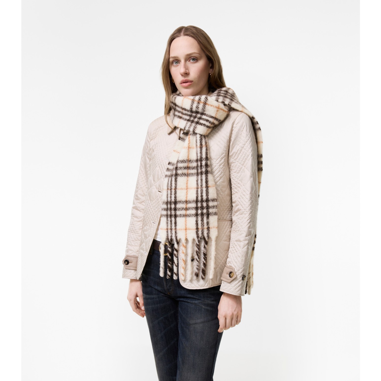 Narrow Check Alpaca Wool Blend Scarf
