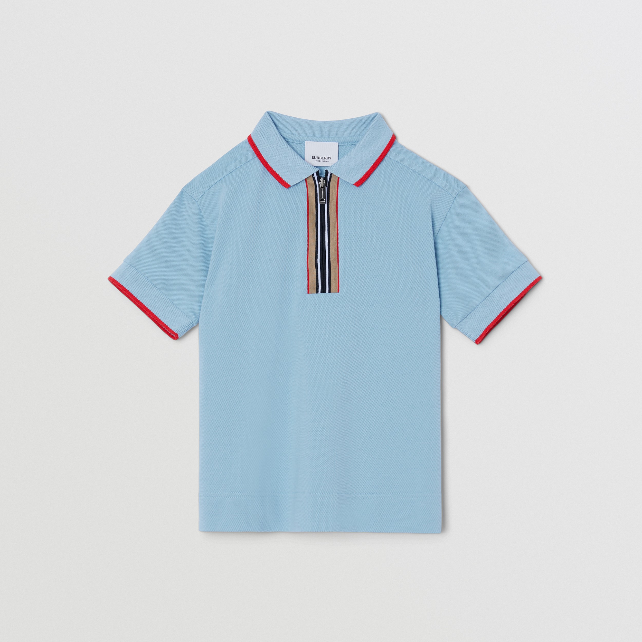 Icon Stripe Detail Cotton Zip-front Polo Shirt in Powdered Blue - Boy | Burberry® Official - 1