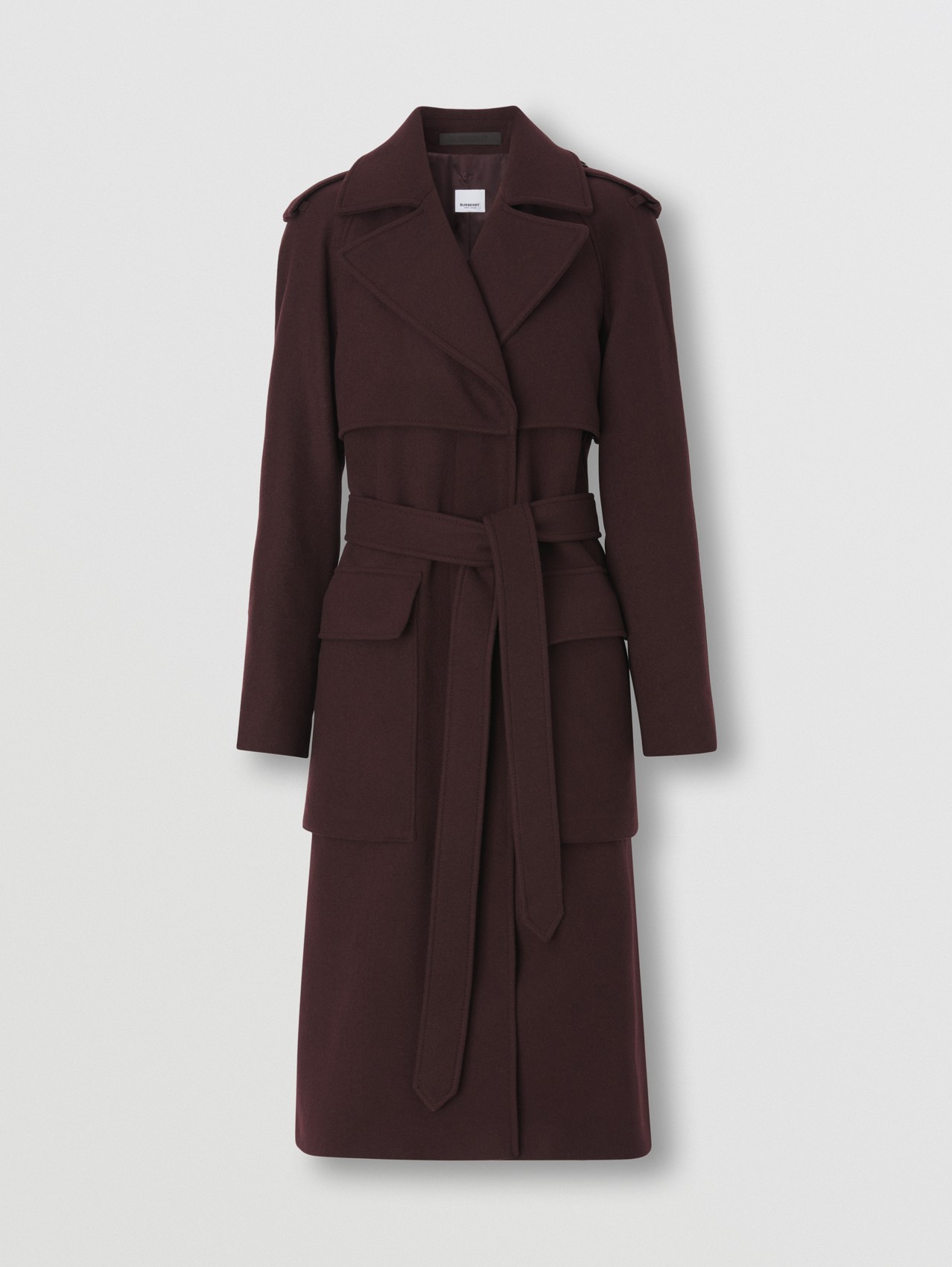 Pocket Detail Recycled Cashmere Trench Coat in Deep Maroon