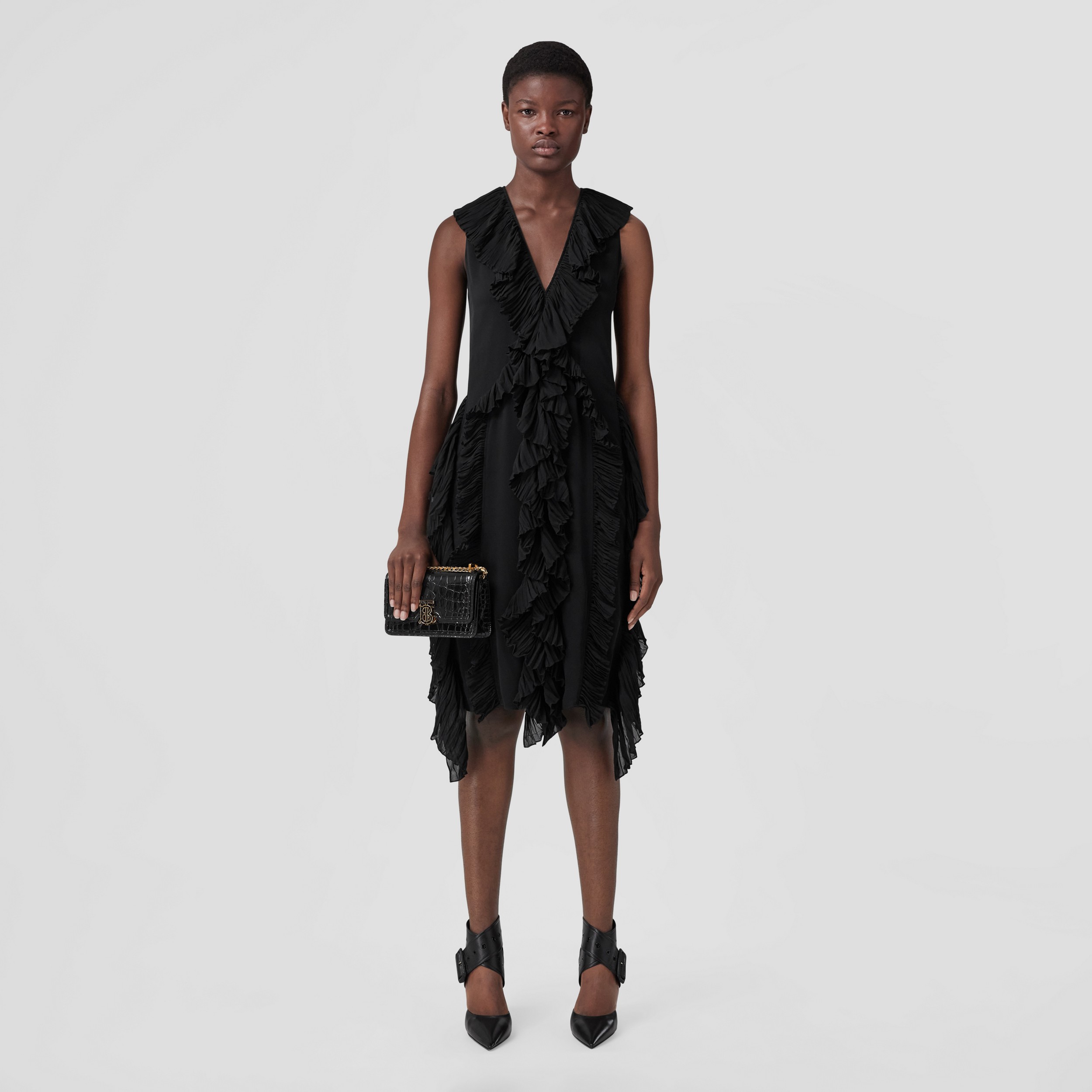 Pleated Ruffle Detail Silk Georgette Dress in Black - Women | Burberry® Official - 1