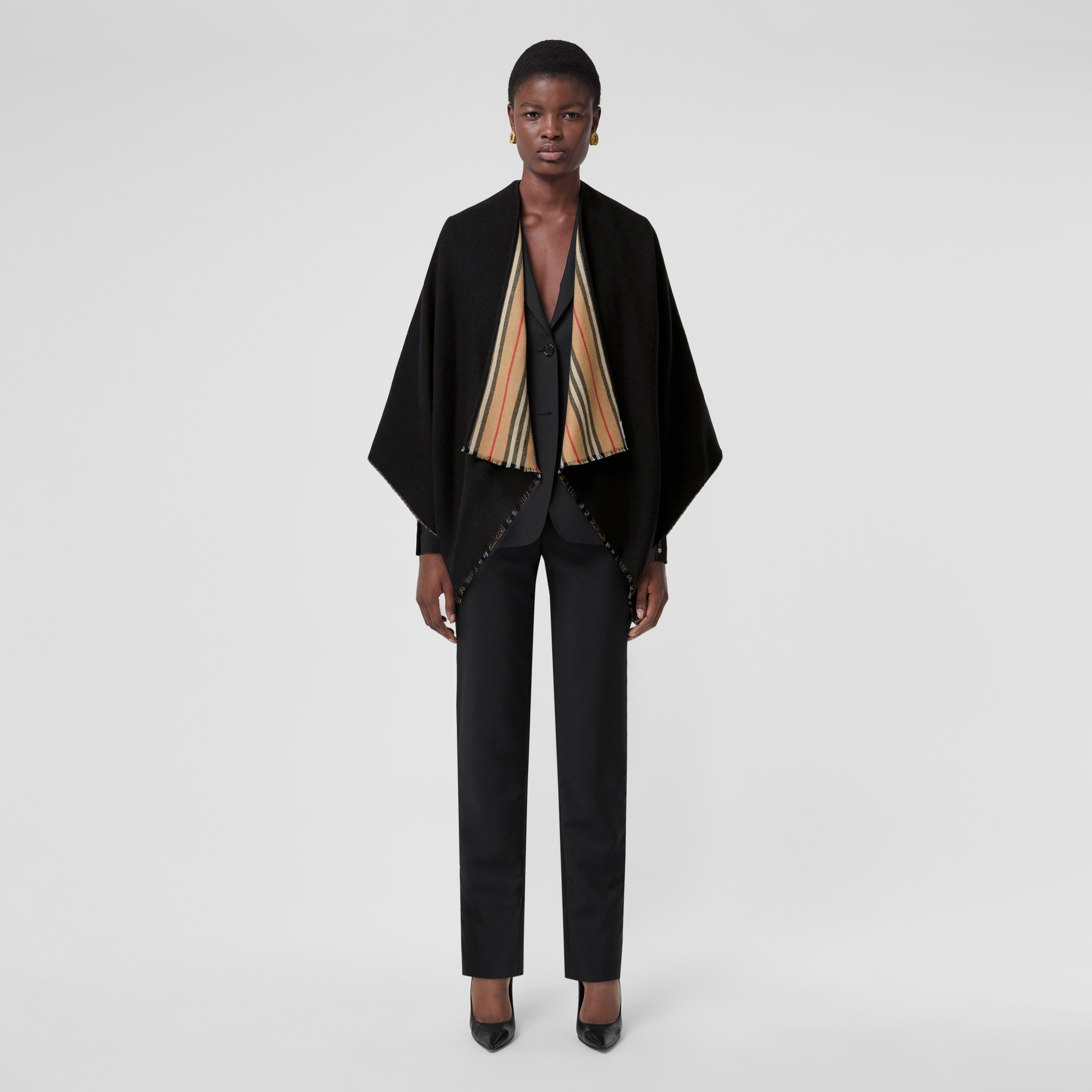Reversible Icon Stripe Wool Cape in Black | Burberry® Official - 2