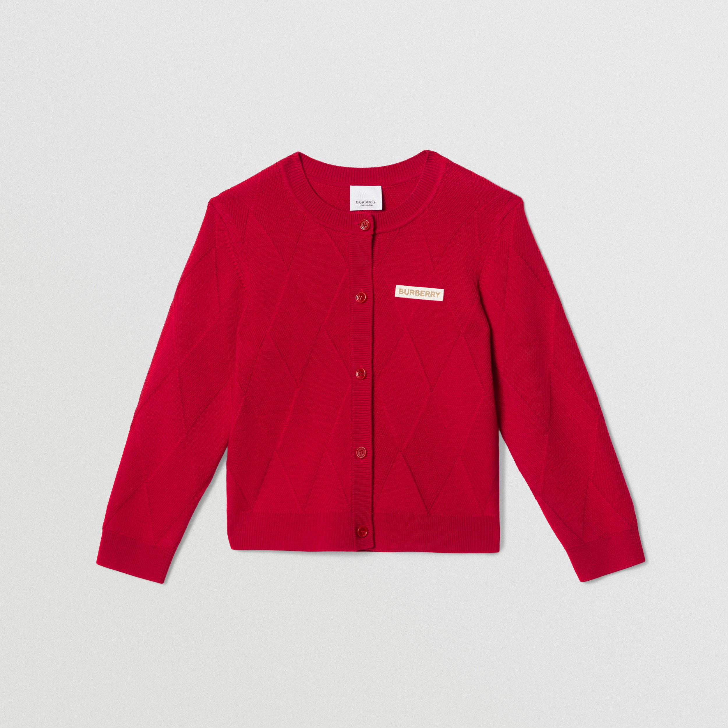 Logo Appliqué Argyle Intarsia Wool Cardigan in Deep Red - Children | Burberry® Official - 1