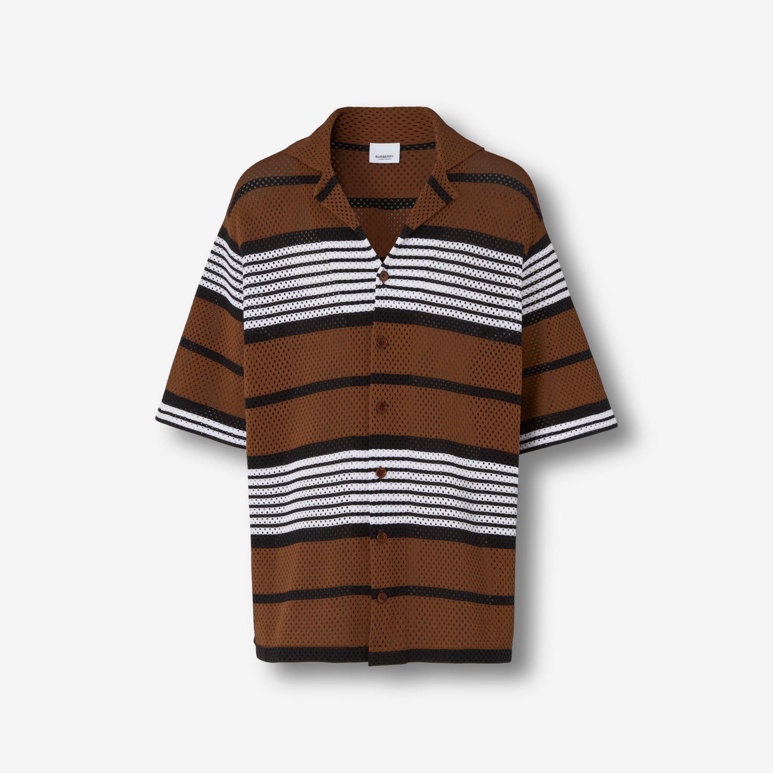 Camisa oversize de manga corta en nailon a rayas (Marrón Abedul Oscuro) -  Hombre | Burberry® oficial