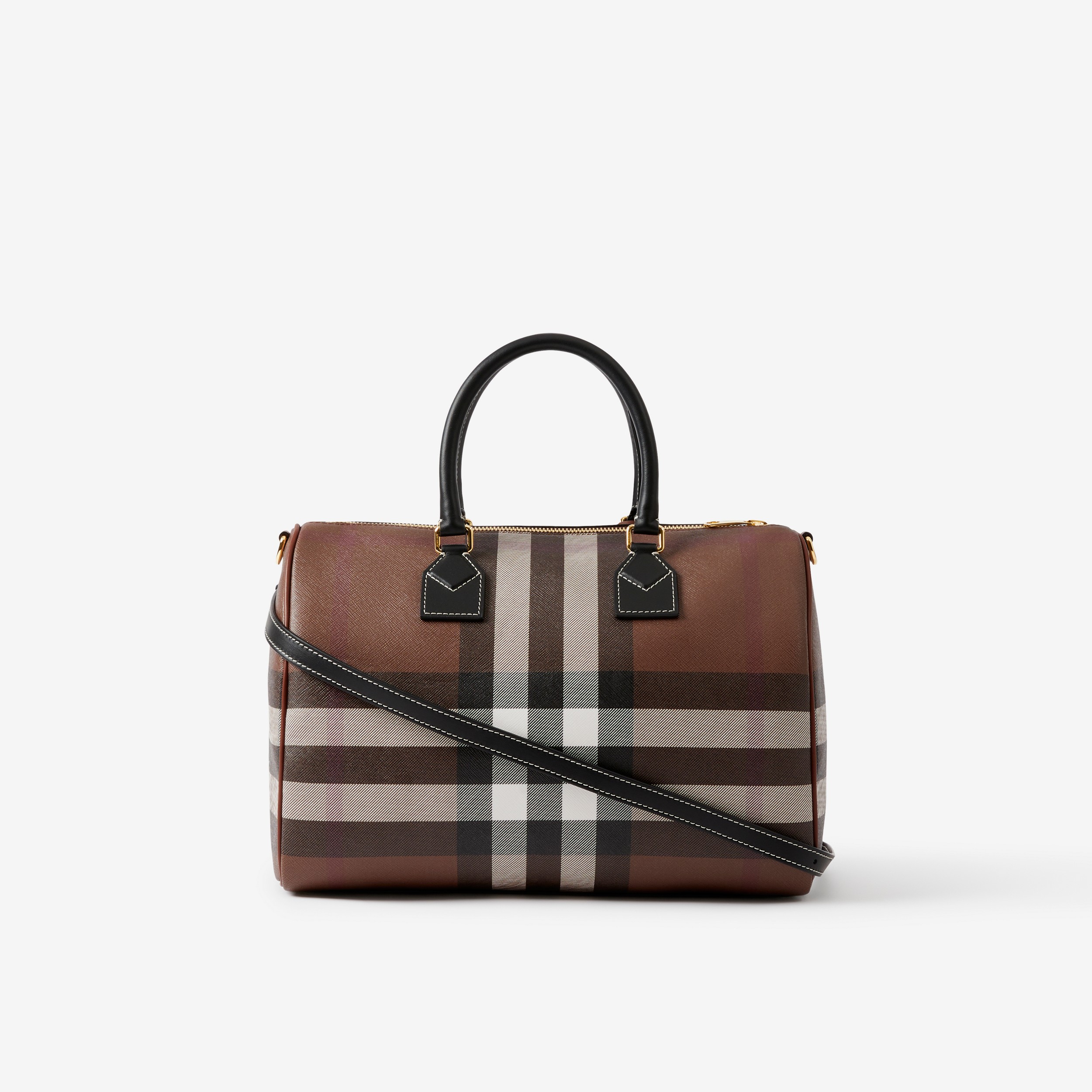 Check and Leather Medium Bowling Bag in Dark Birch Brown - Women | Burberry® Official - 3