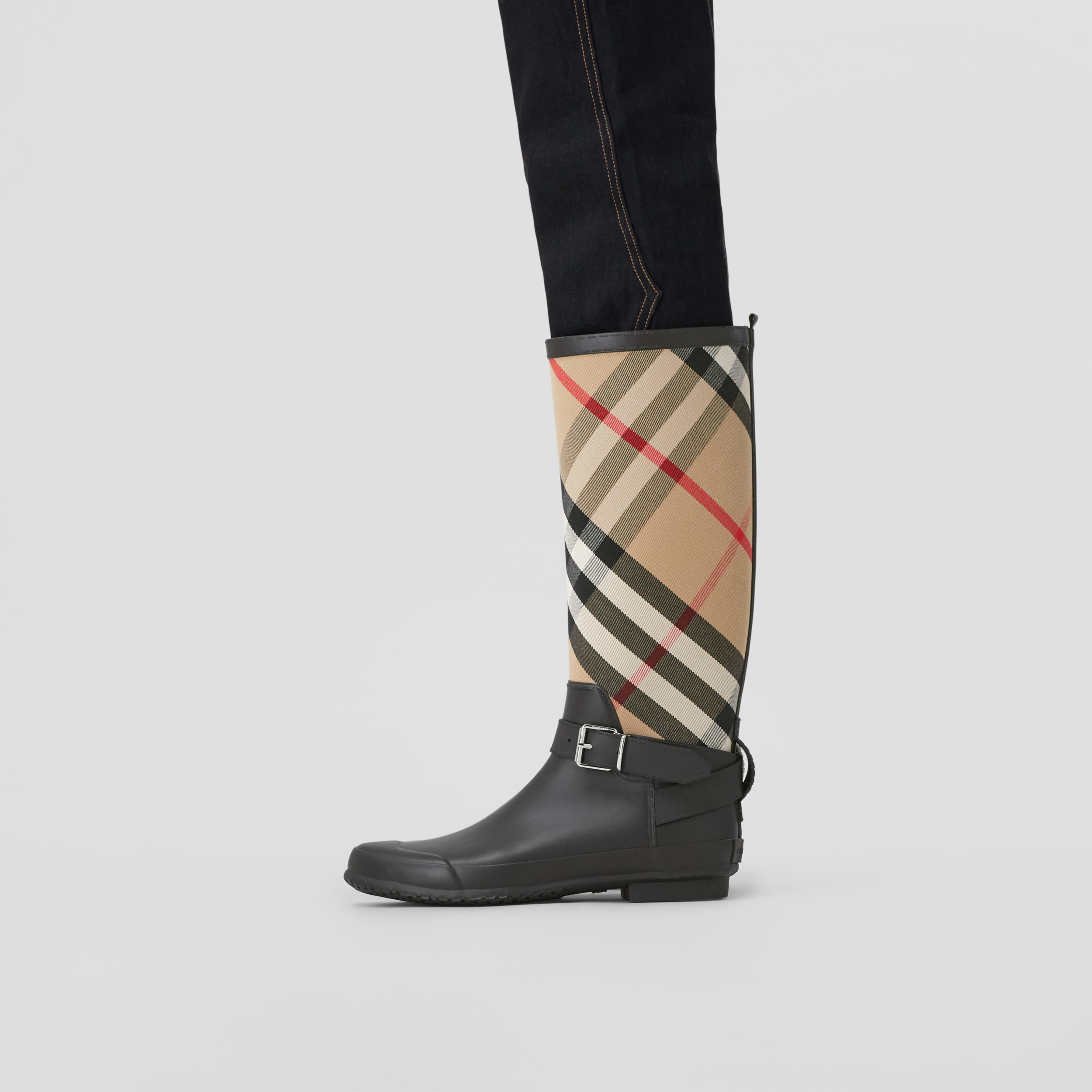 Strap Detail House Check and Rubber Rain Boots in Black/archive Beige ...
