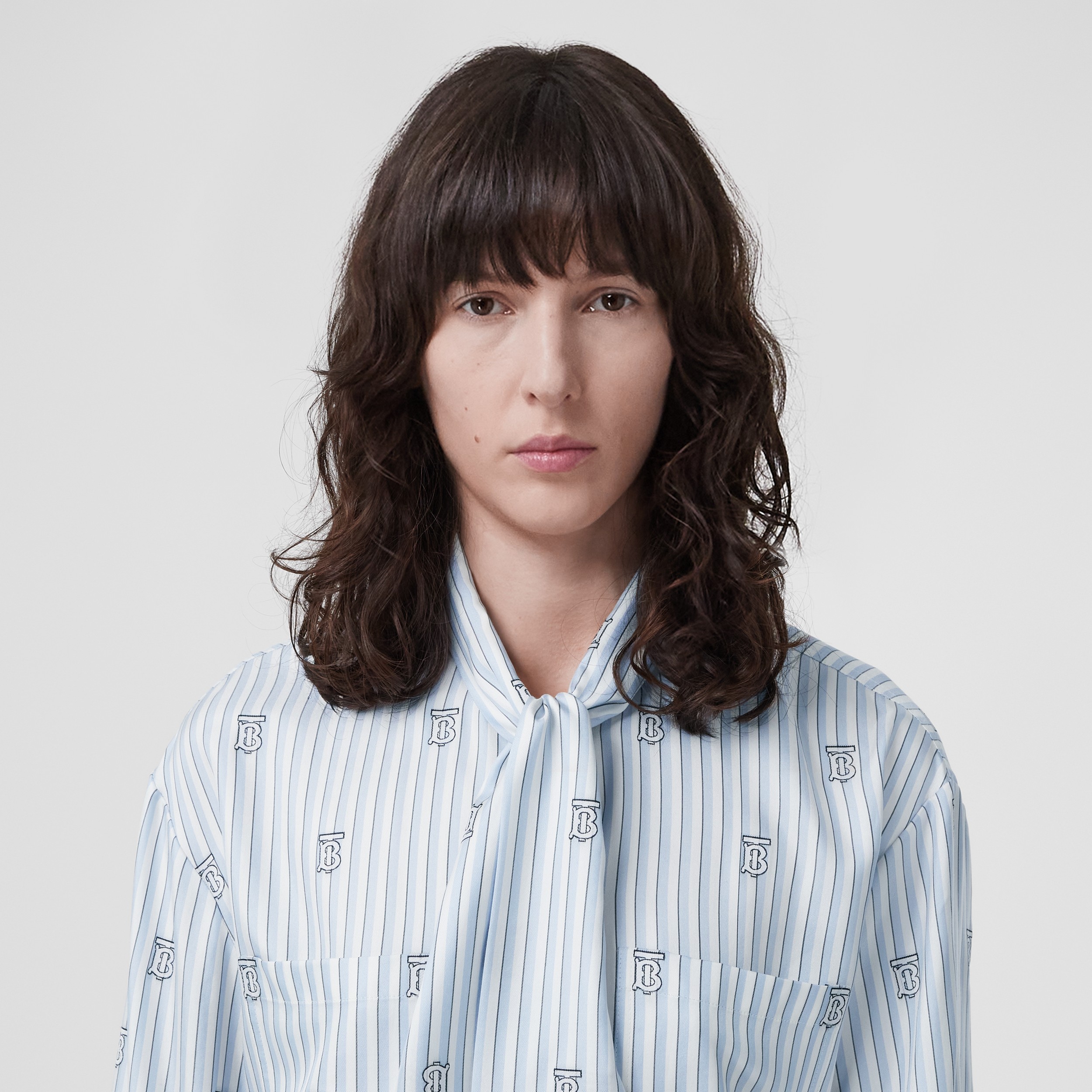 Monogram and Stripe Silk Blend Tie-neck Blouse in Pale Blue - Women | Burberry® Official - 2