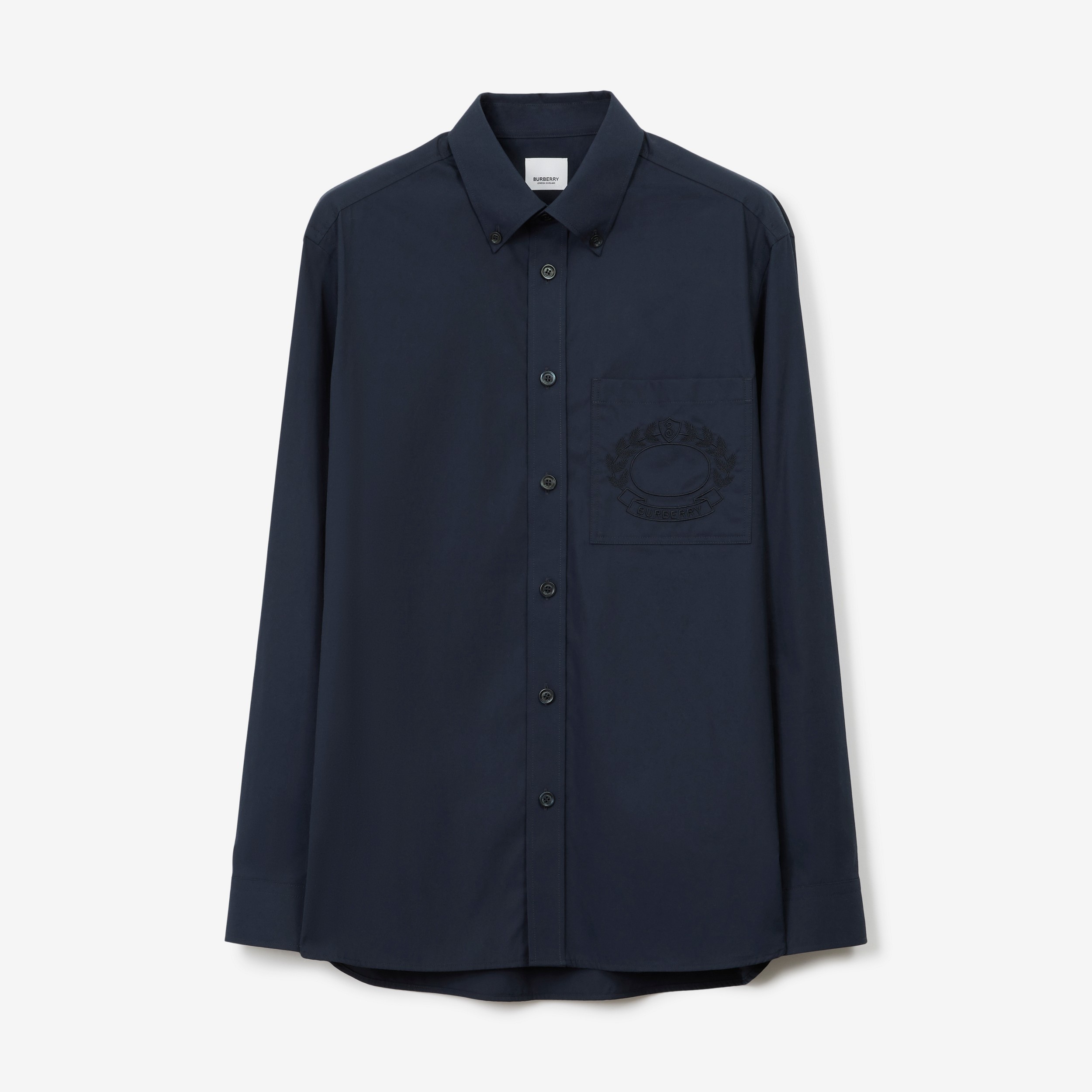 Embroidered Oak Leaf Crest Stretch Cotton Shirt in Dark Charcoal Blue - Men | Burberry® Official - 1