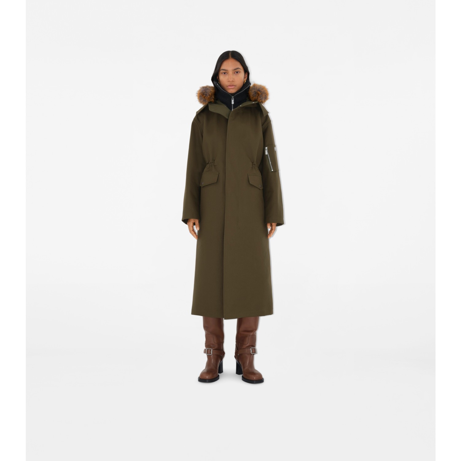 Burberry Long Faux Fur Trim Cotton Parka