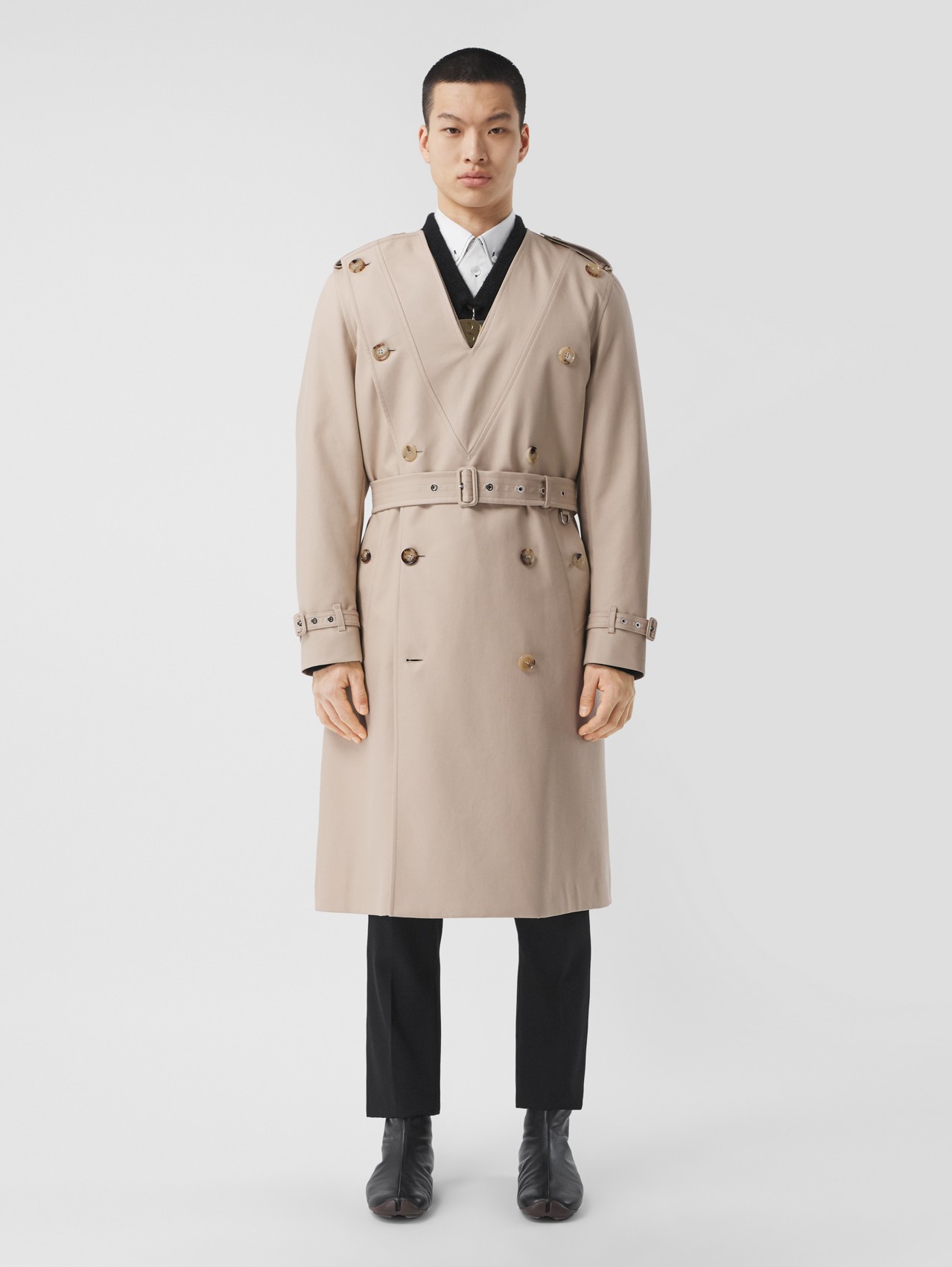 Cotton Gabardine V-neck Trench Coat in Soft Fawn