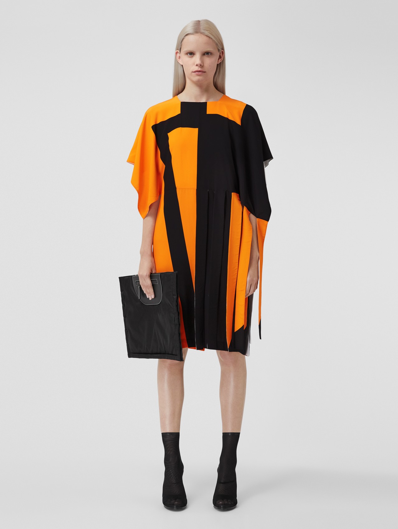 Cape Sleeve Geometric Print Silk Crepe de Chine Dress in Bright Orange