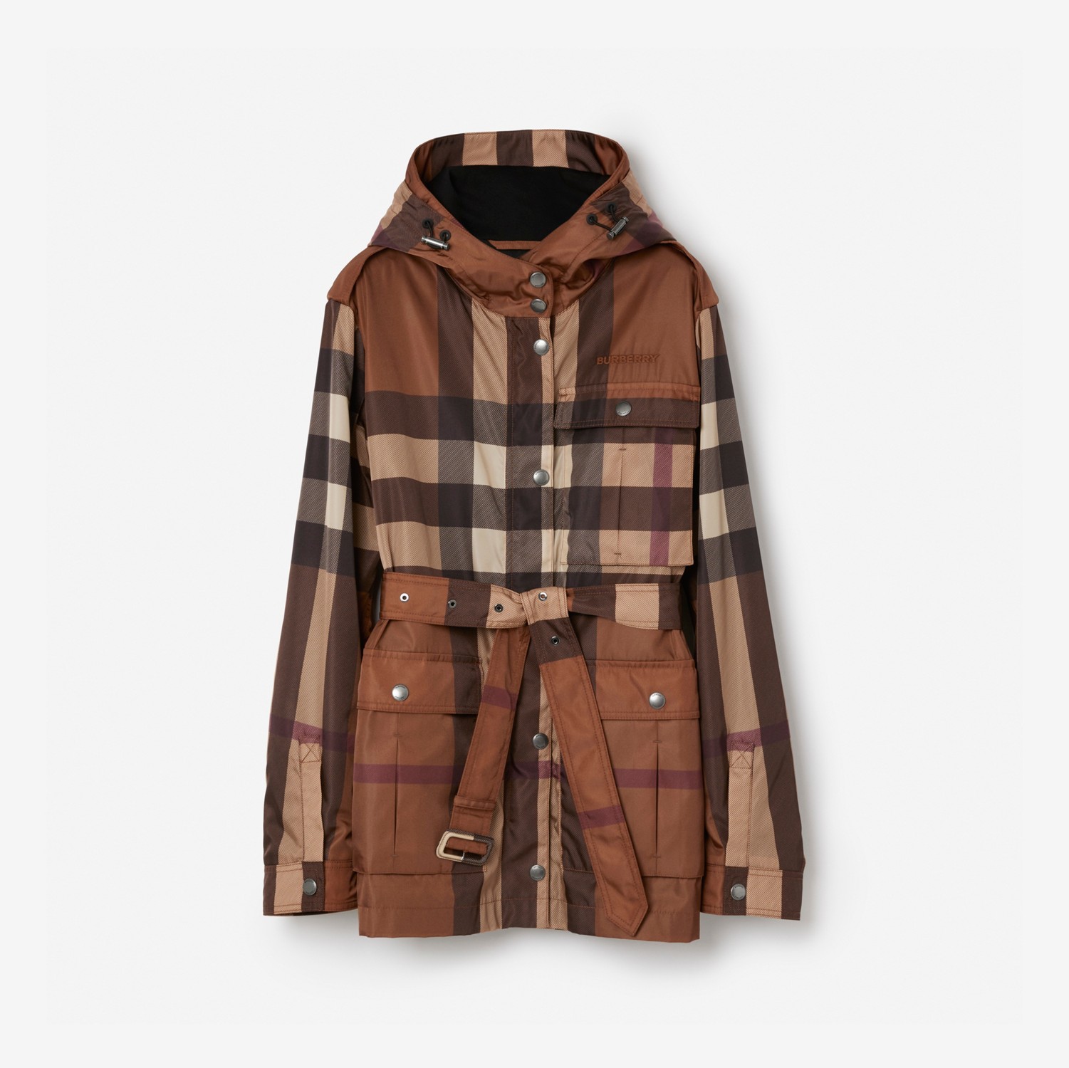 Check Nylon Hooded Field Jacket in Dark Birch Brown - Women | Burberry® Official