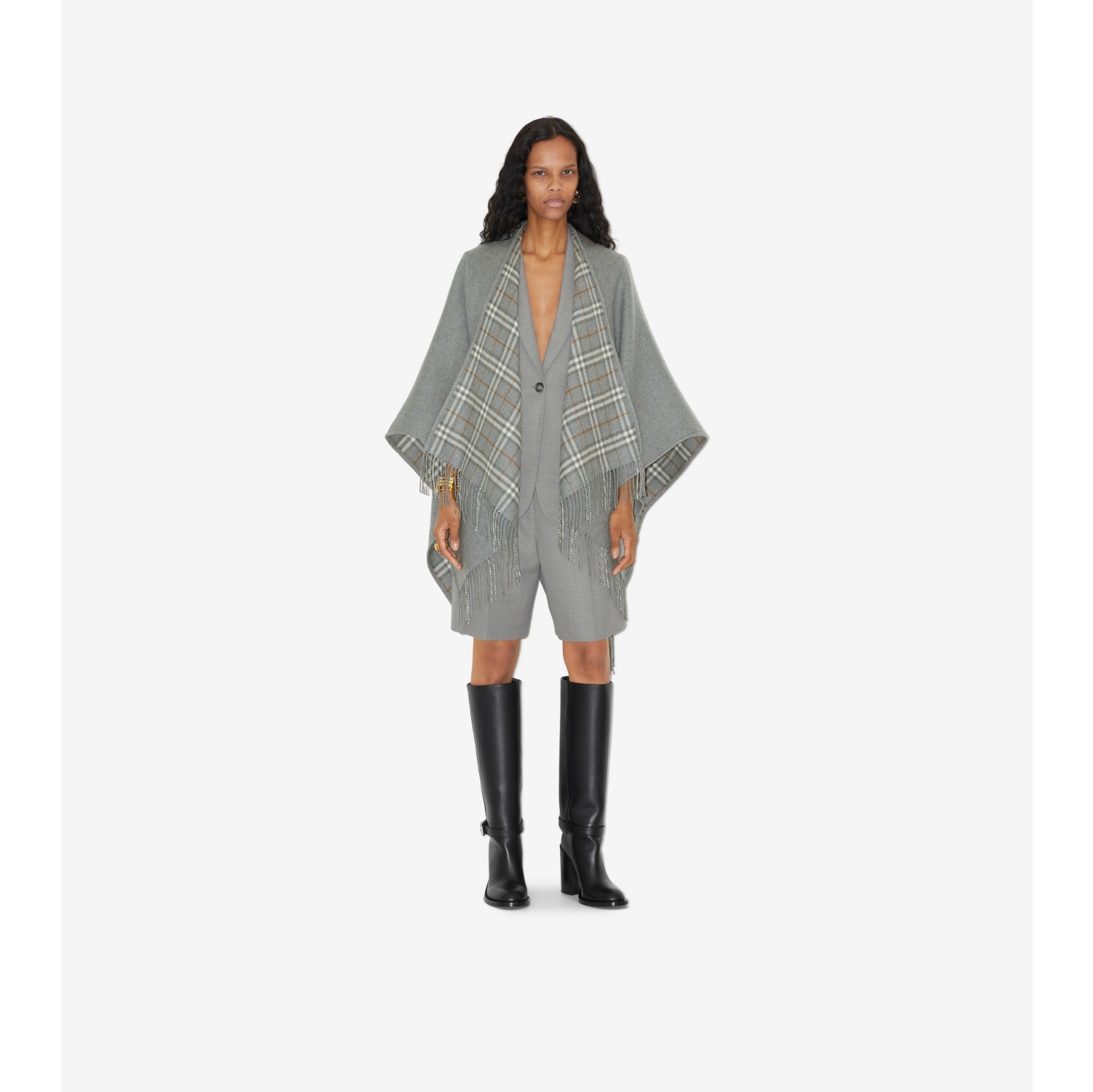 Check Wool Reversible Cape in Grey