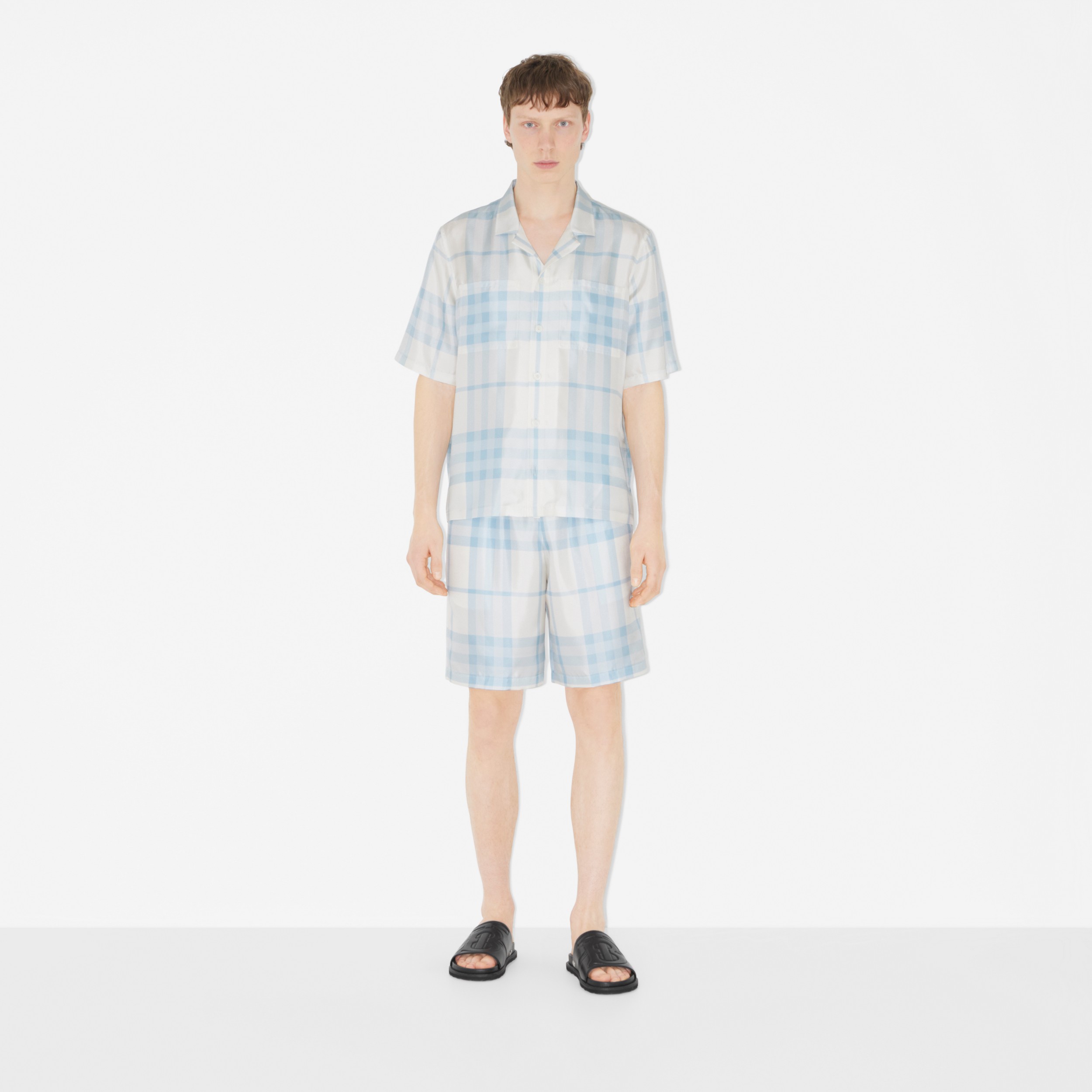 Check Silk Twill Shorts in Pale Sky Blue - Men | Burberry® Official - 2