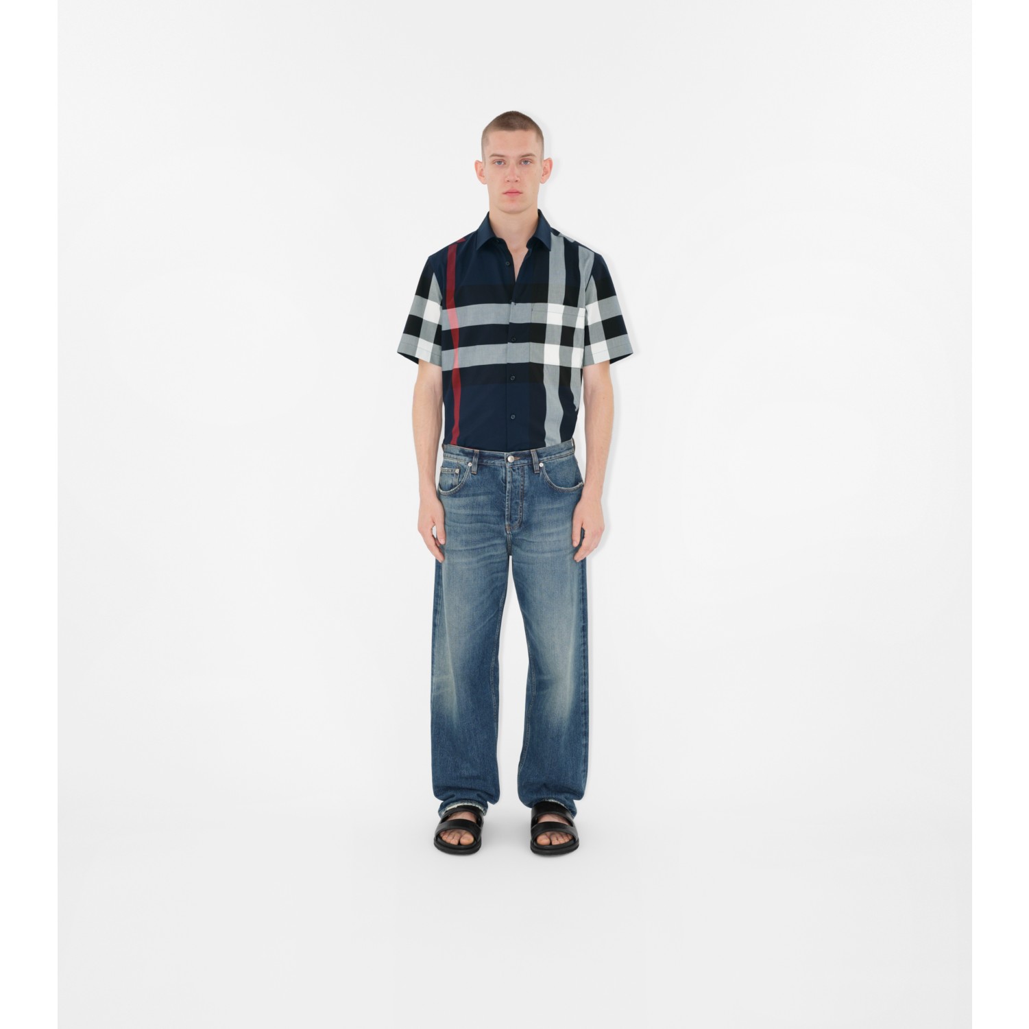 Check Cotton Shirt in Navy Men Burberry Official