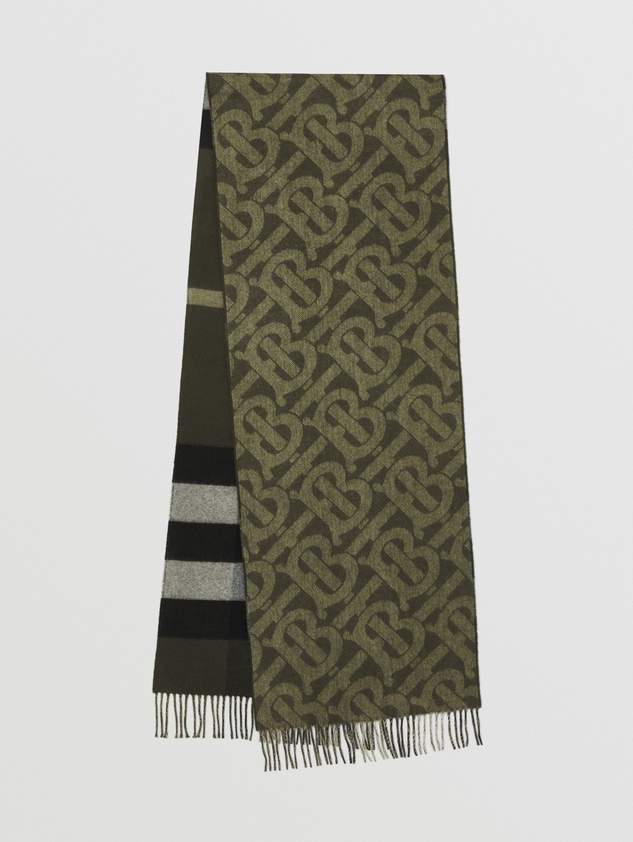 Reversible Check and Monogram Cashmere Scarf in Military Green
