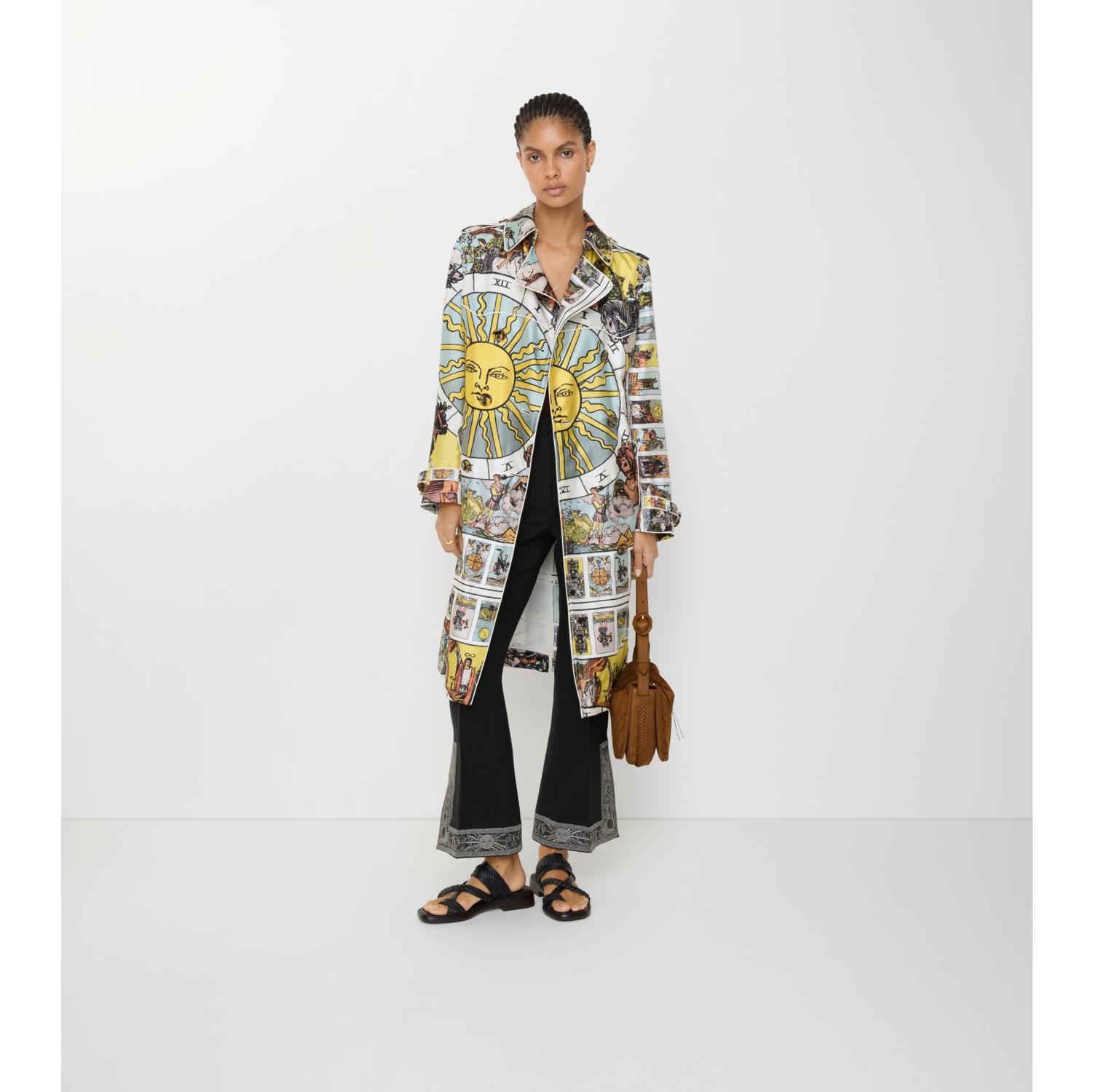 Long Tarot Print Silk Foxfield Trench Coat in Seaside blue - Women