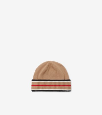 Reversible Icon Stripe Cashmere Cotton Beanie in Black/camel
