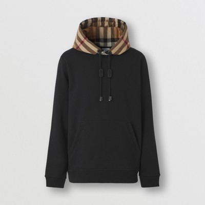 Check Hood Cotton Blend Hoodie in Black - Men | Burberry® Official