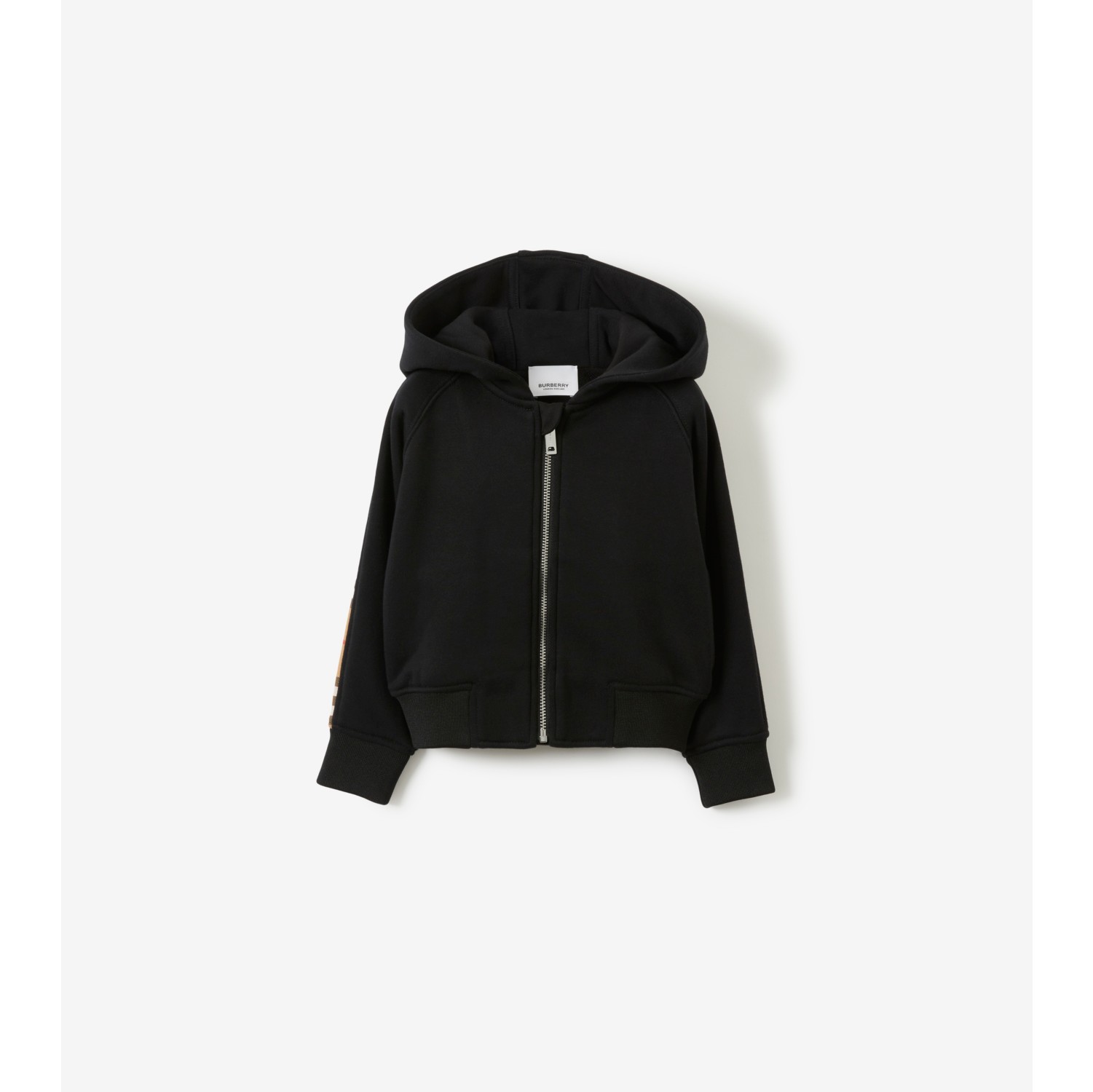 Check Panel Cotton Zip Hoodie in Black - Children