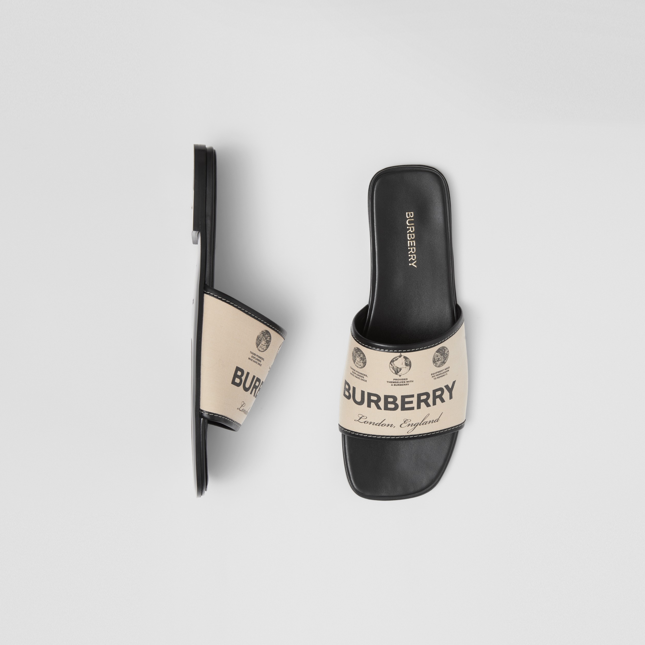 Label Print Gabardine and Leather Slides in Beige - Women | Burberry® Official - 1