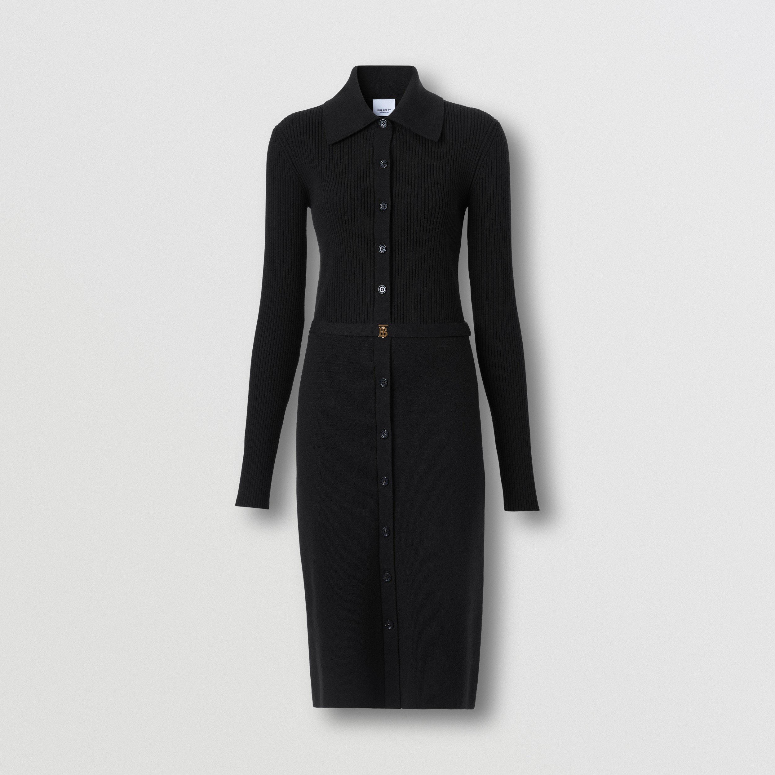 Monogram Motif Rib Knit Wool Dress in Black - Women | Burberry® Official - 4