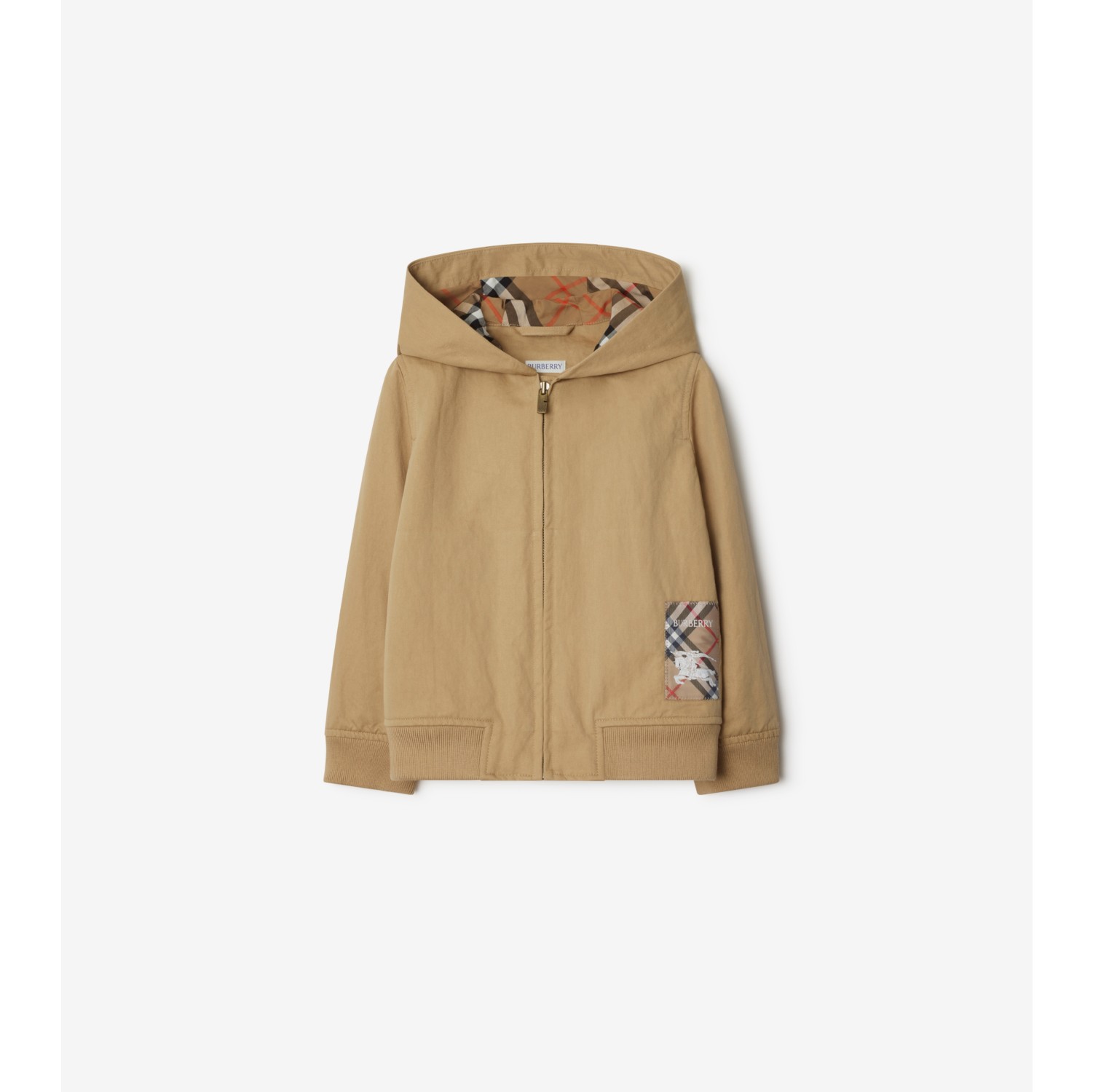 Check Label Nylon Cotton Zip Hoodie in Sand Burberry Official