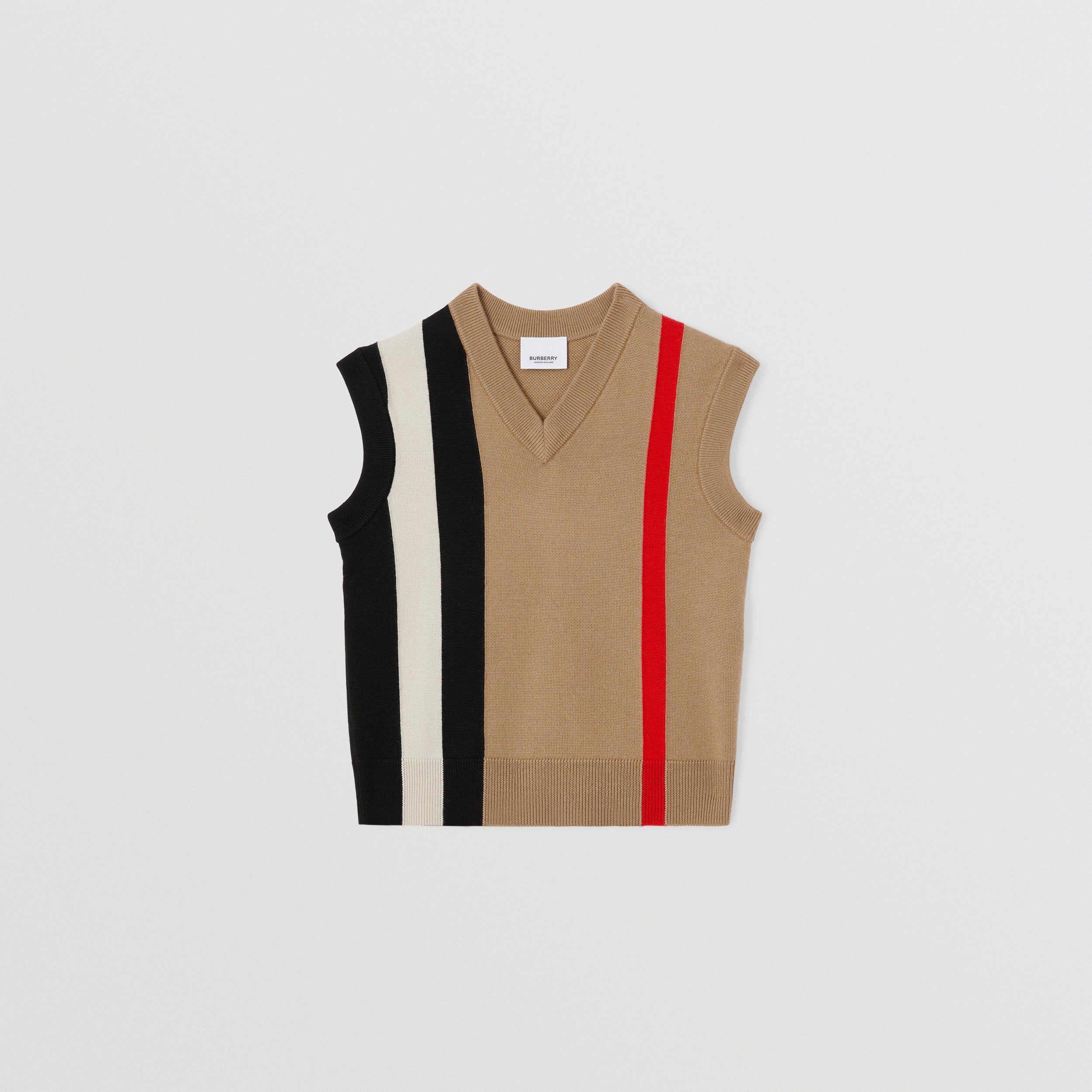 Icon Stripe Wool Intarsia V-neck Top in Archive Beige | Burberry® Official - 1