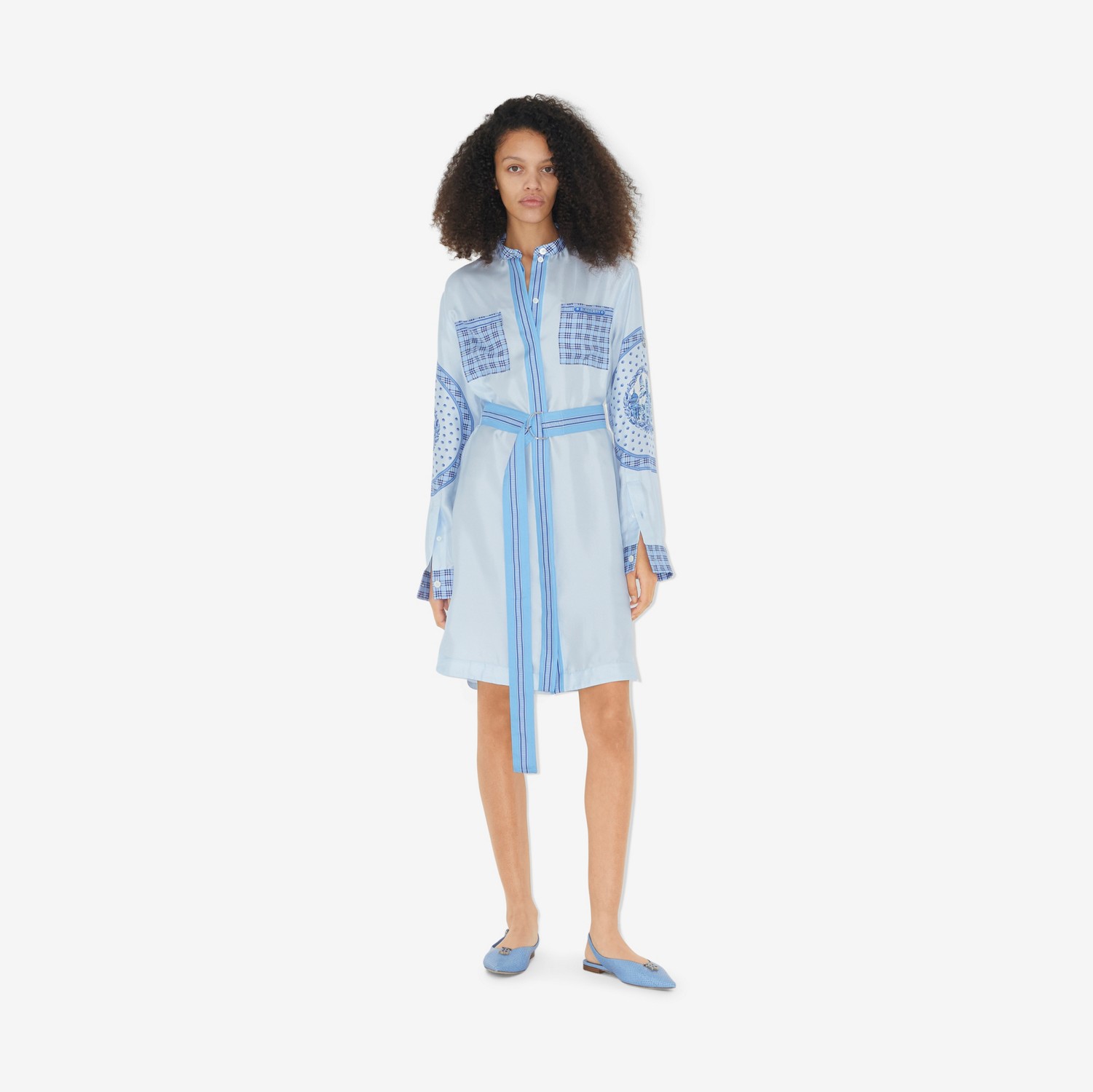 모뉴먼트 프린트 실크 벨트 셔츠 드레스 (폭스글러브 블루) - 여성 | Burberry®