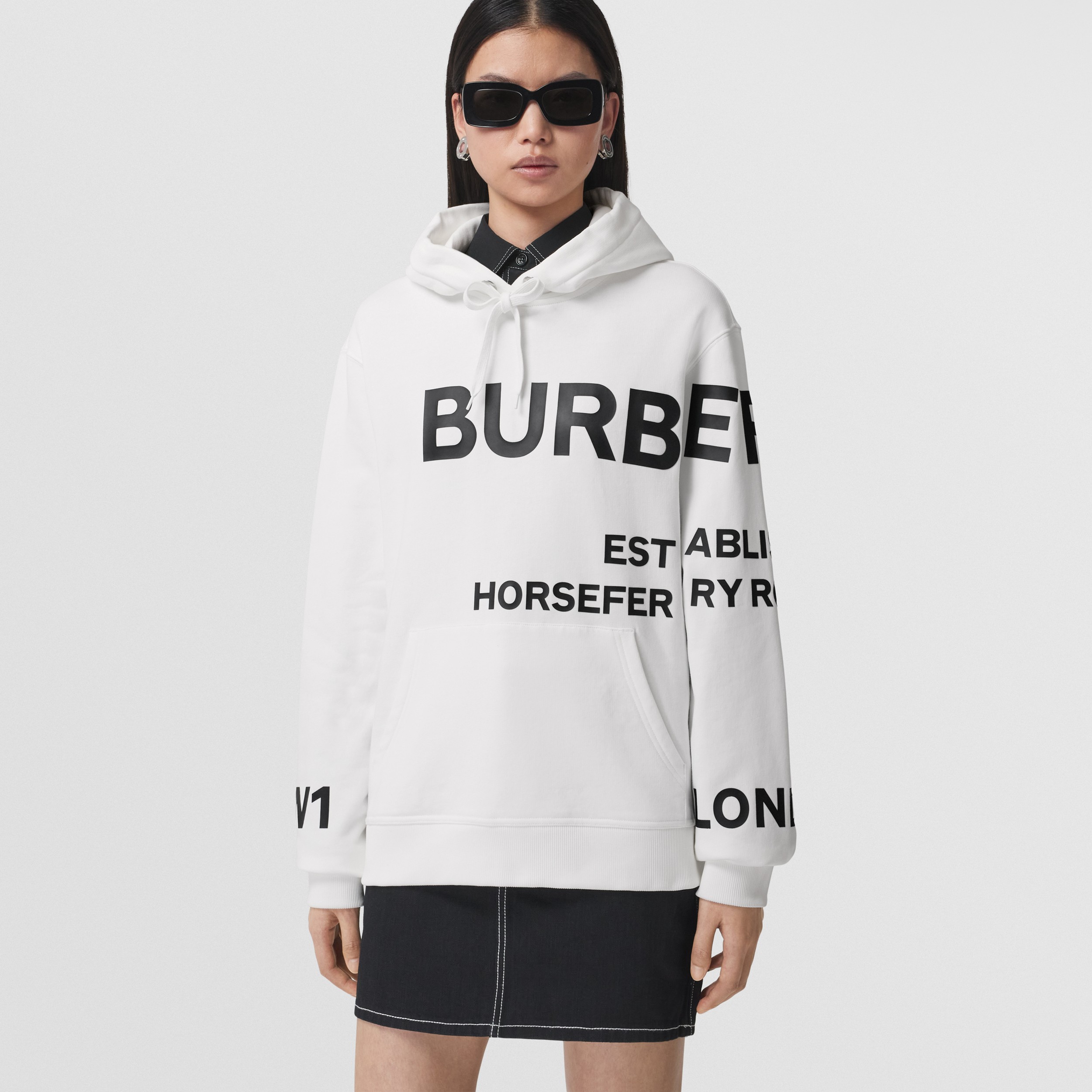 Suéter com capuz oversize de algodão com estampa Horseferry (Branco) - Mulheres | Burberry® oficial - 4