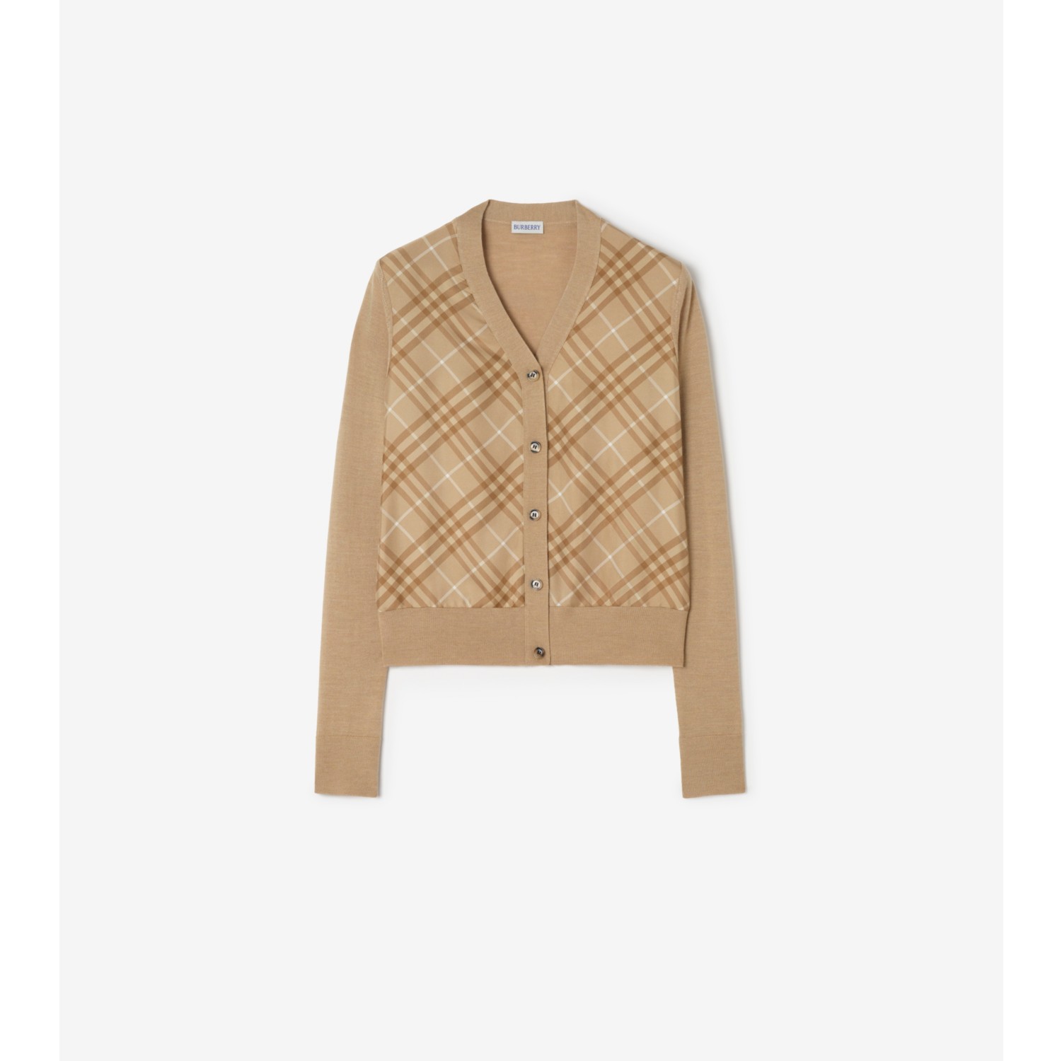 Check Panel Wool Silk Cardigan in Camel - Women | Burberry® Official