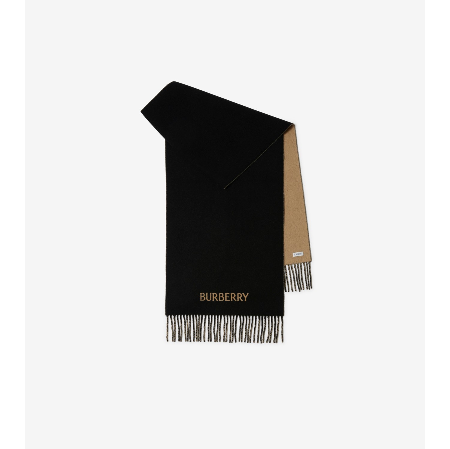 Burberry Branded Logo Text Cashmere Scarf, Camel Black