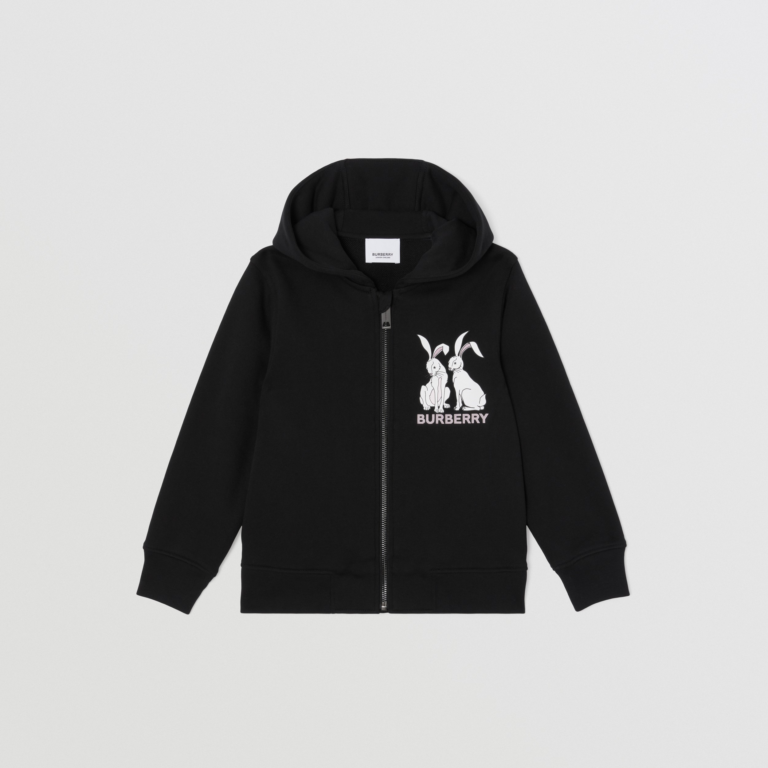 Rabbit Print Cotton Hooded Top in Black | Burberry® Official - 1