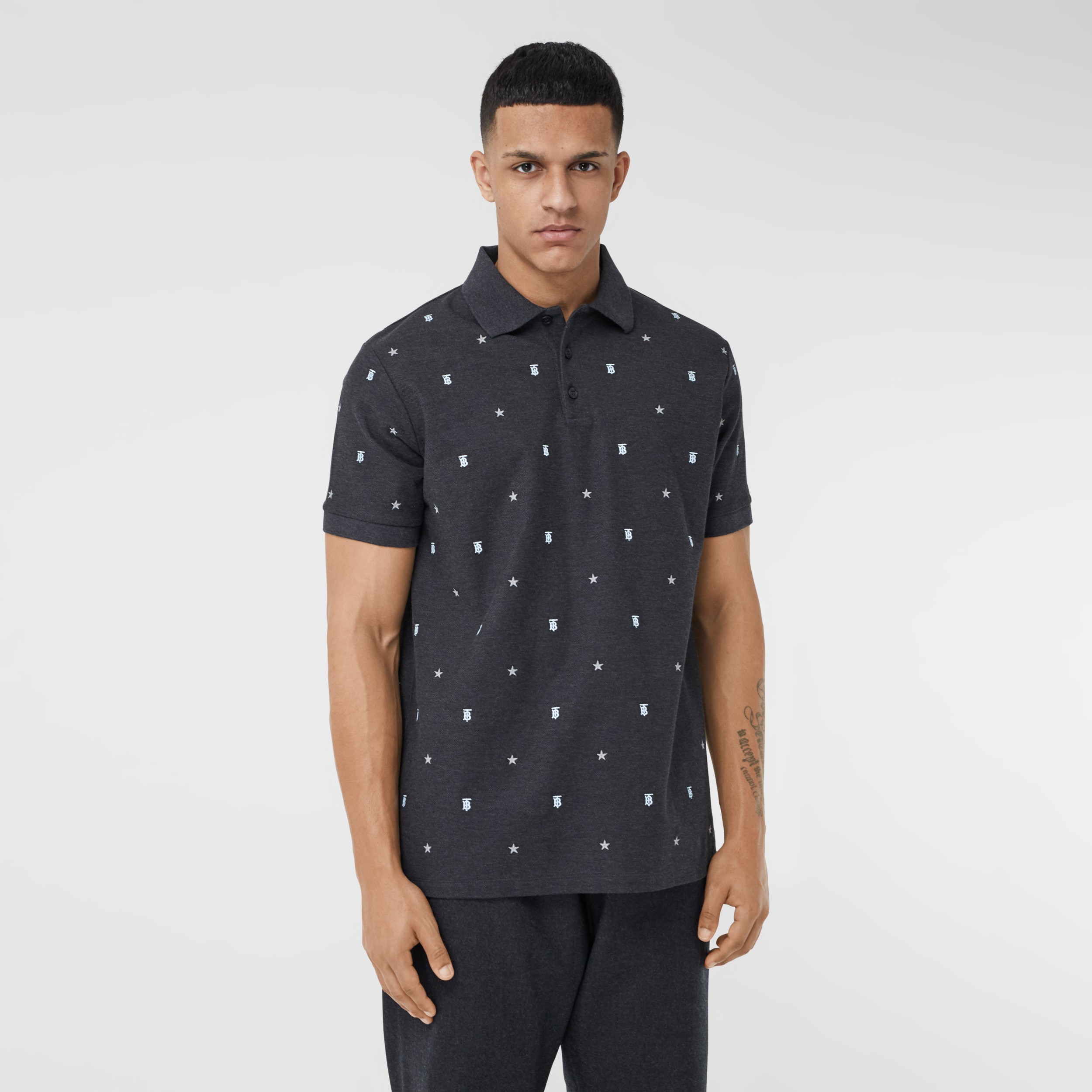 Star and Monogram Motif Cotton Piqué Polo Shirt in Charcoal Melange ...