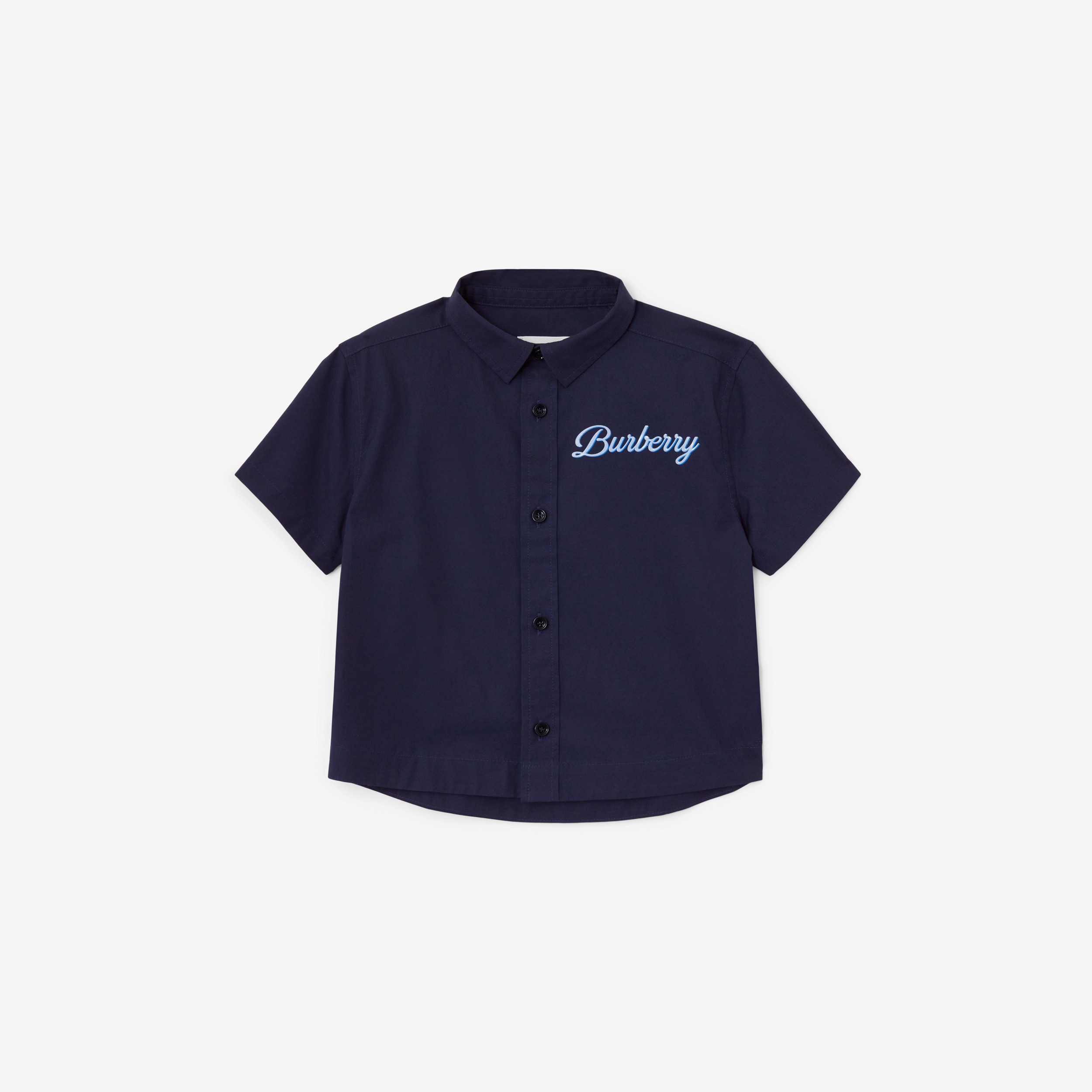 Logo Script Print Stretch Cotton Shirt in Deep Charcoal Blue - Children | Burberry® Official - 1