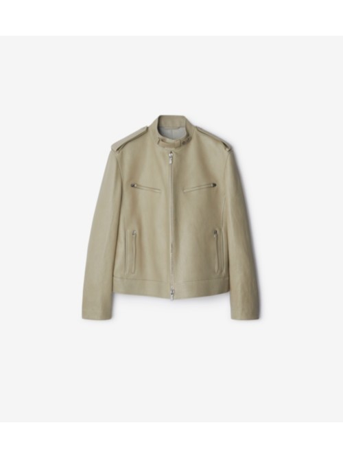 Shop Burberry Leather Jacket In Stone
