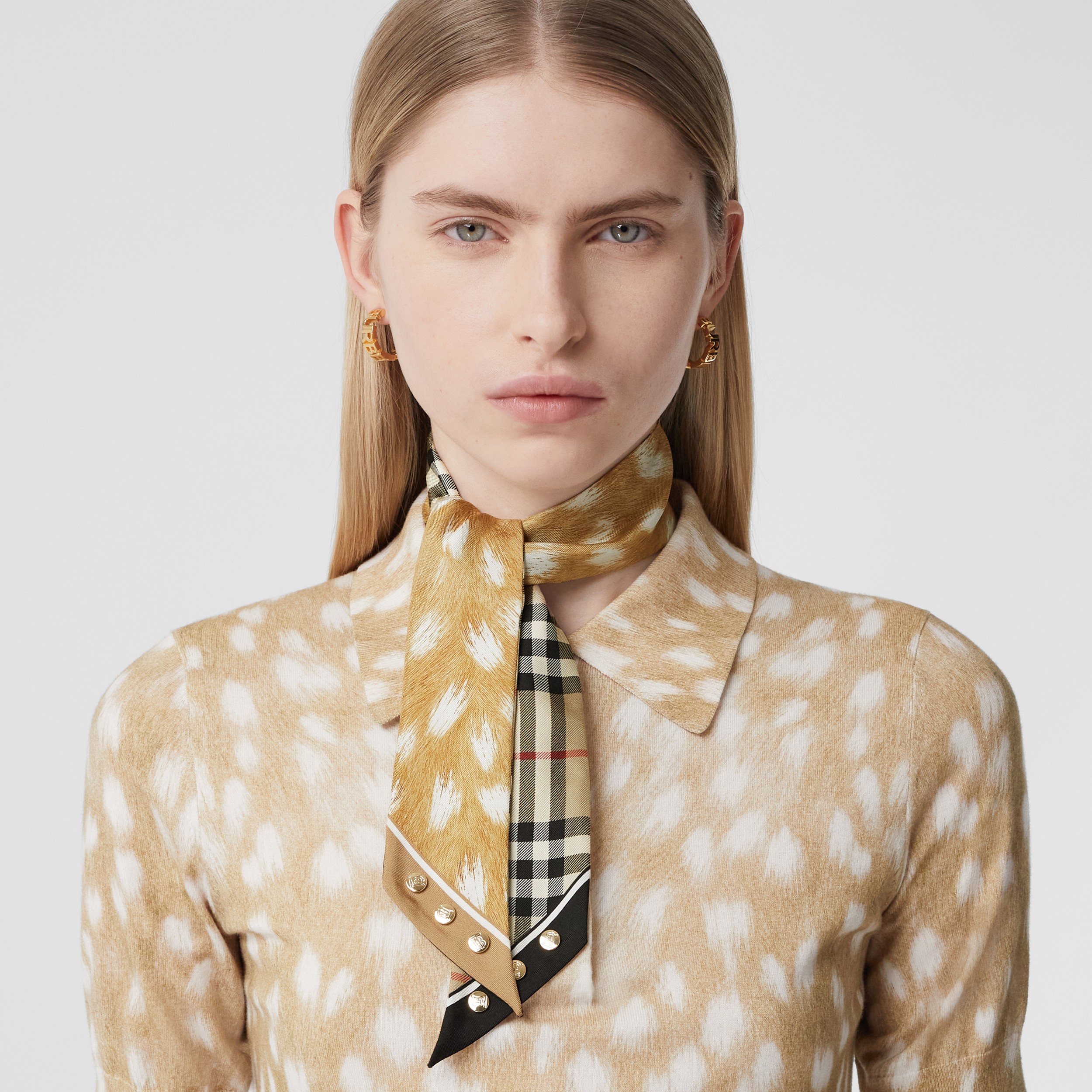 Vintage Check and Deer Print Silk Skinny Scarf in Archive Beige | Burberry® Official - 3