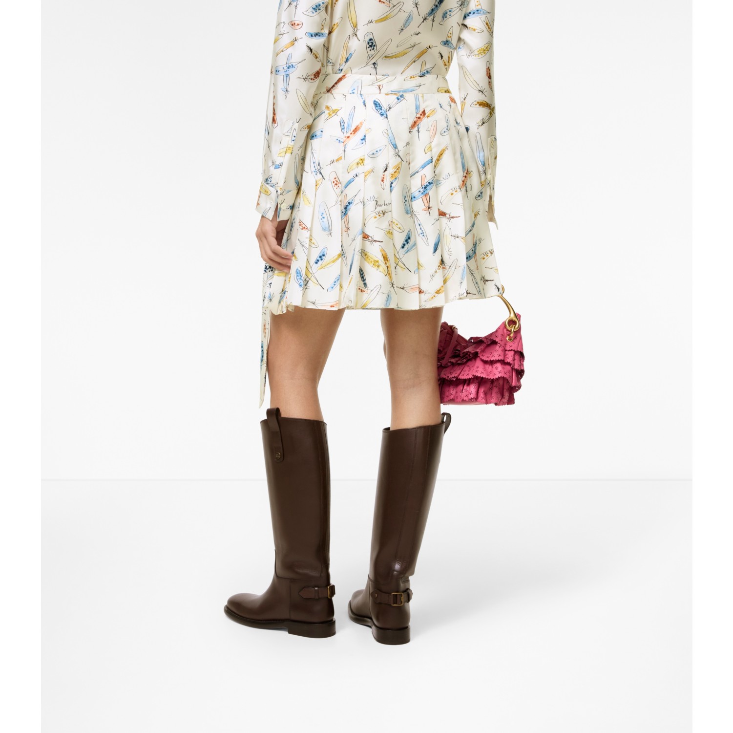 Pleated Feather-print Silk Mini Skirt in Ink blue - Women | Burberry® Official