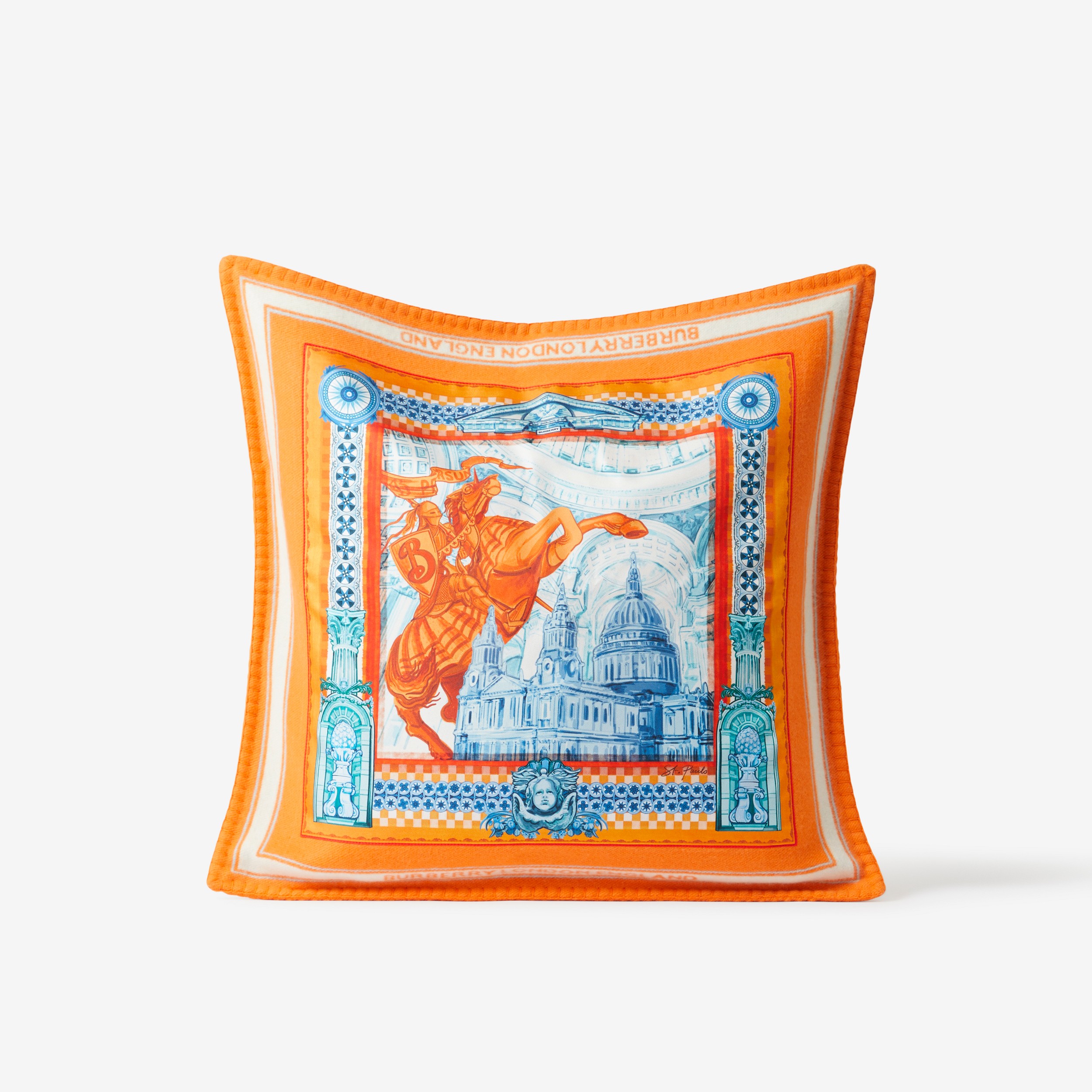 EKD Print Cashmere Wool Cushion Cover in Bright Orange | Burberry® Official - 1