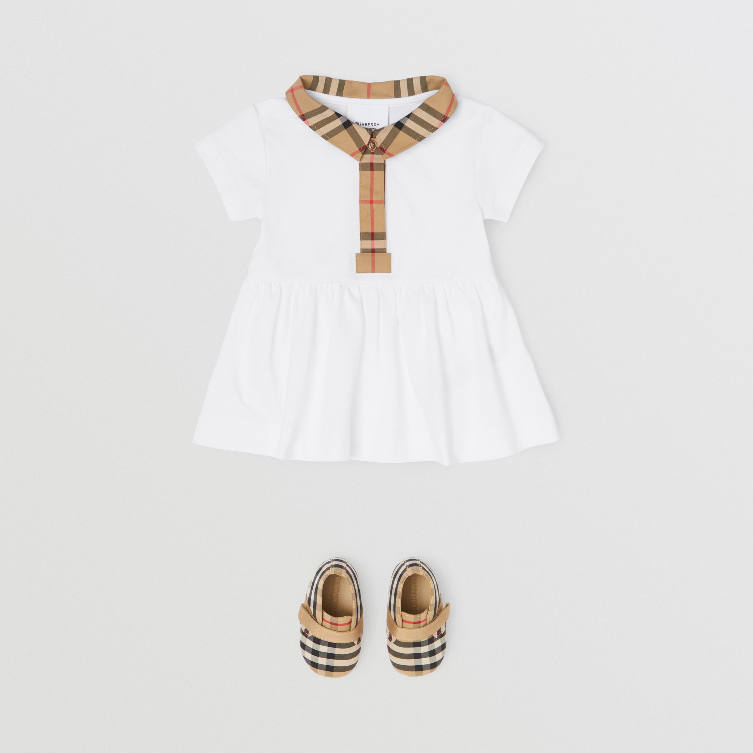 Check Trim Stretch Cotton Piqué Dress with Bloomers in White - Children | Burberry® Official - 3