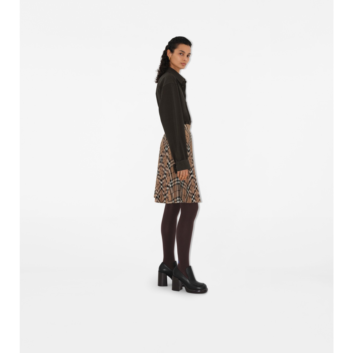 Pleated Check Wool Blend Skirt in Linden - Women, Nylon