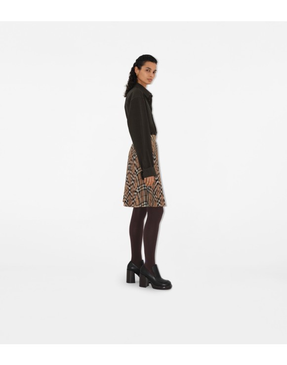 Pleated Check Wool Blend Skirt