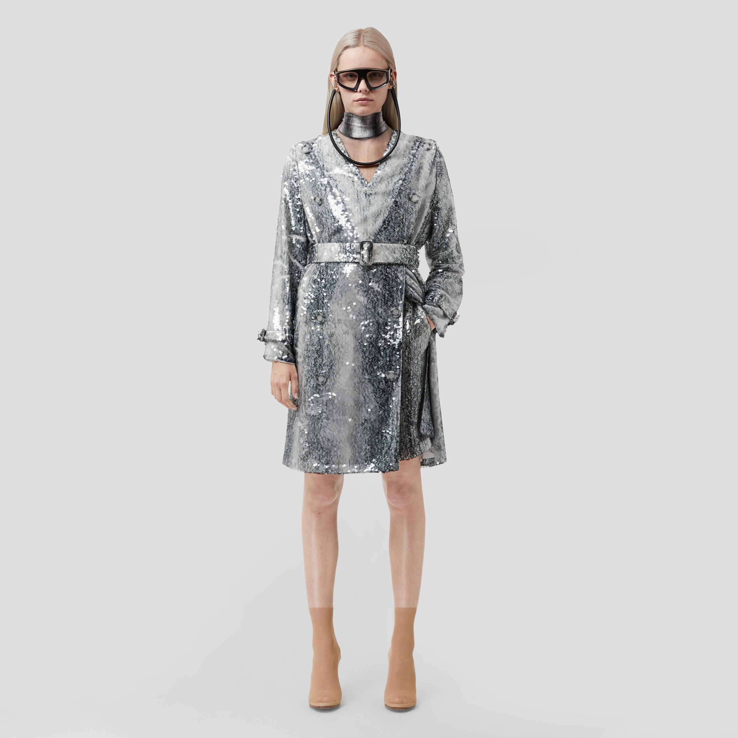 Sequinned Animal Print V-neck Trench Dress in Monochrome - Women | Burberry® Official - 1