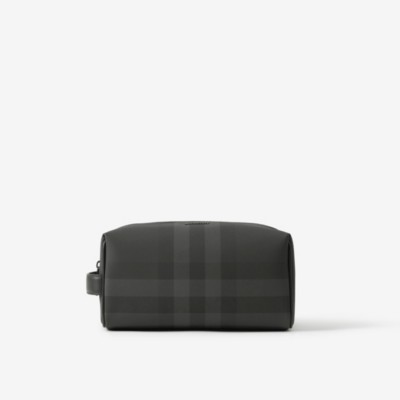 Burberry Check And Leather Travel Pouch In Charcoal