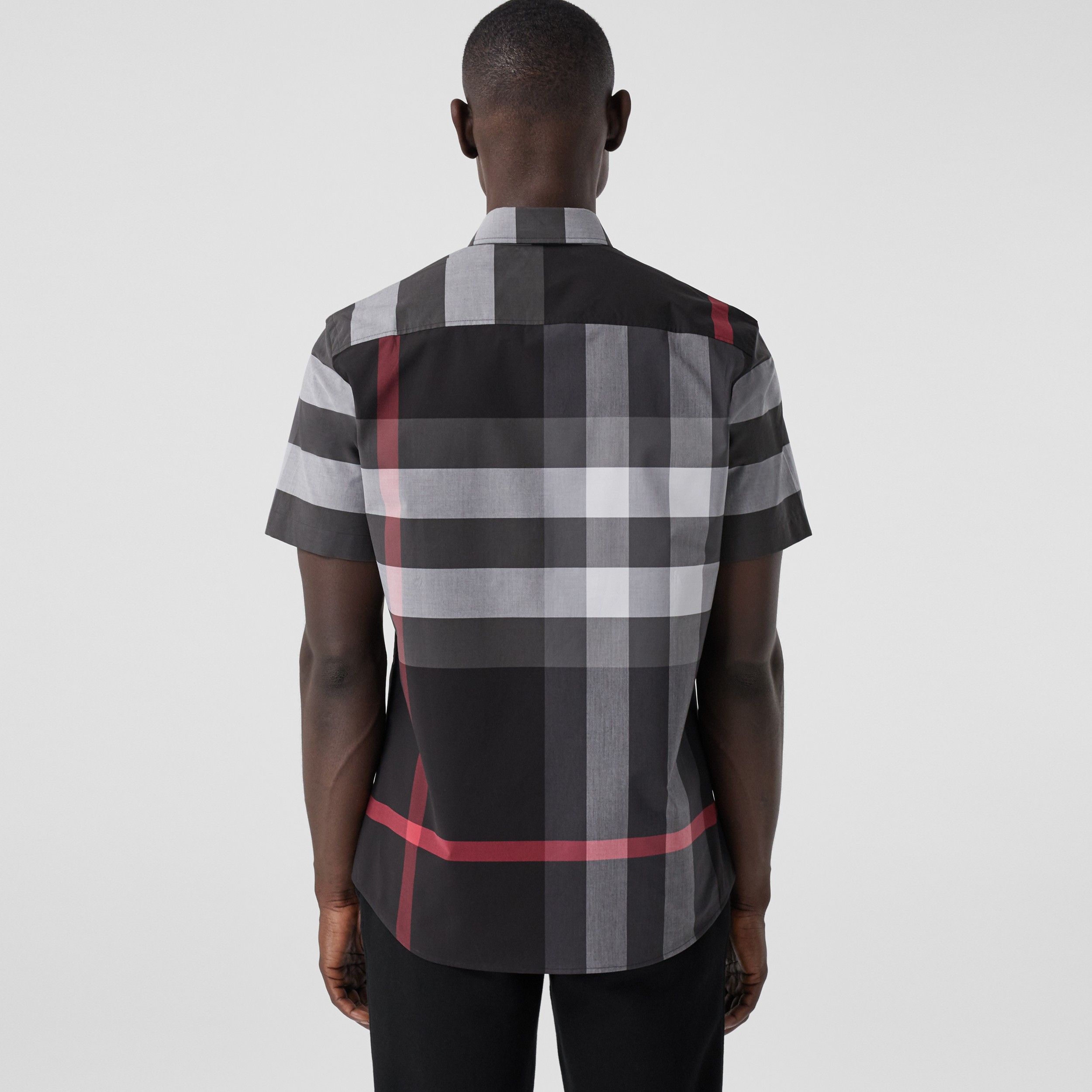 Short-sleeve Check Stretch Cotton Poplin Shirt in Charcoal - Men | Burberry® Official - 3