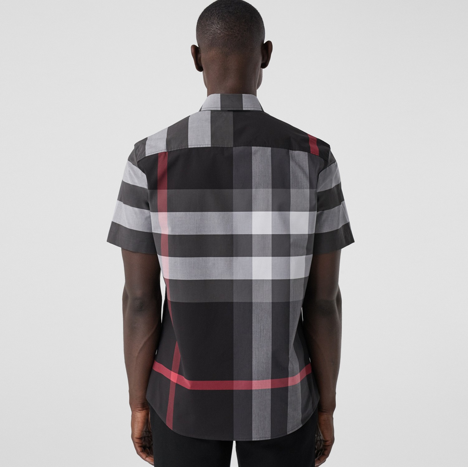 Short-sleeve Check Stretch Cotton Poplin Shirt in Charcoal - Men | Burberry® Official