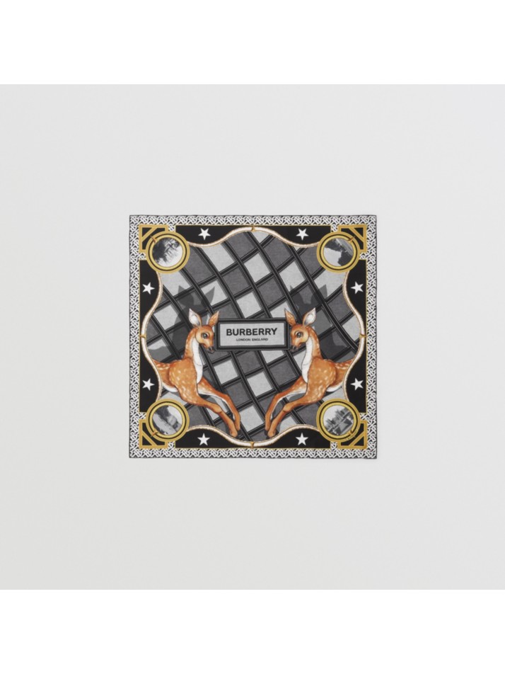 鹿素描印花丝质方巾