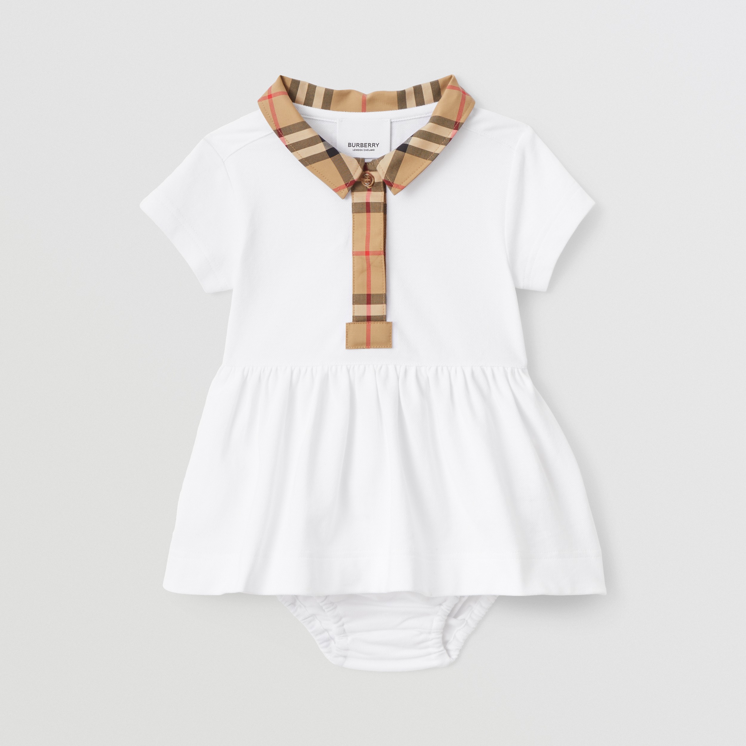 Vestido de algodão piquê stretch com detalhe em xadrez e calcinha (Branco) - Crianças | Burberry® oficial - 1