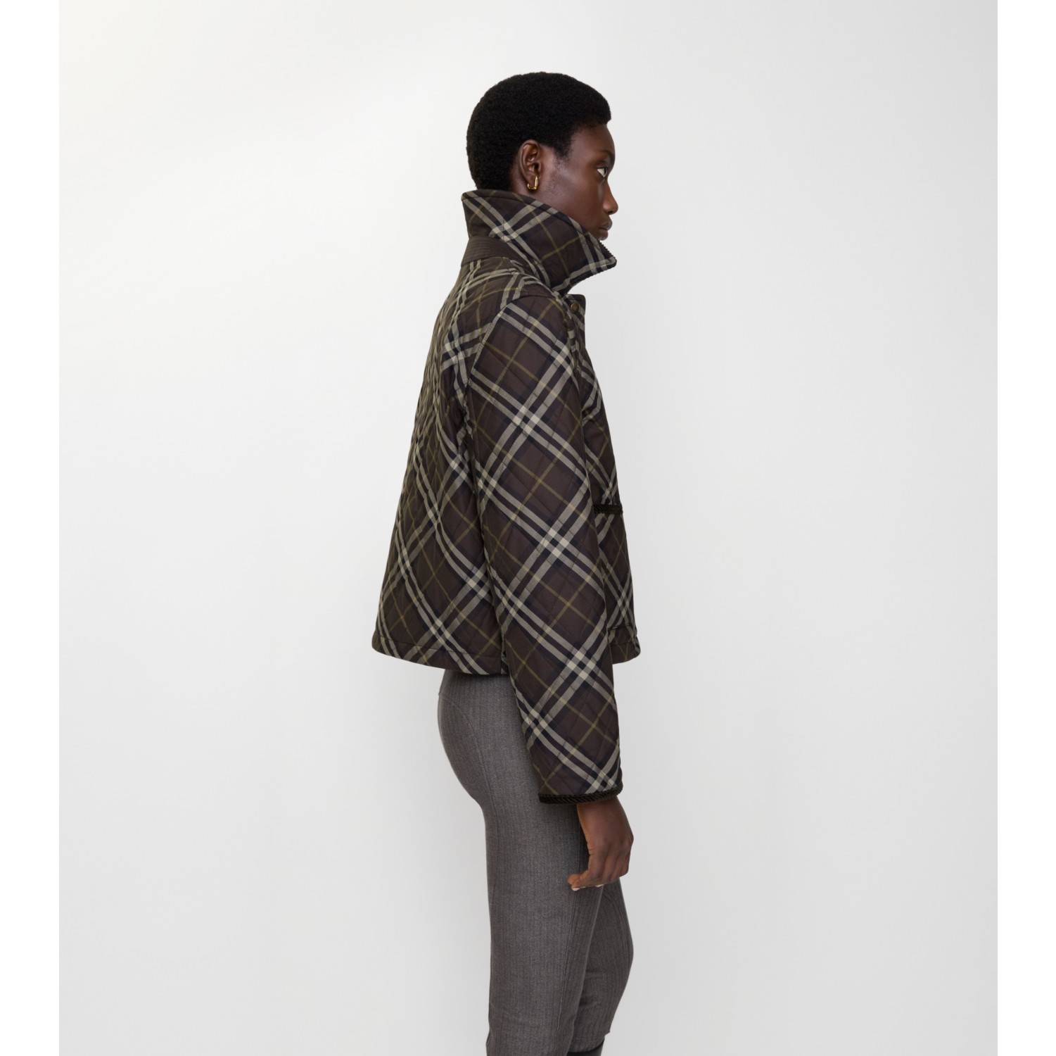 Cropped Check Quilted Cotton Jacket in Truffle brown - Women