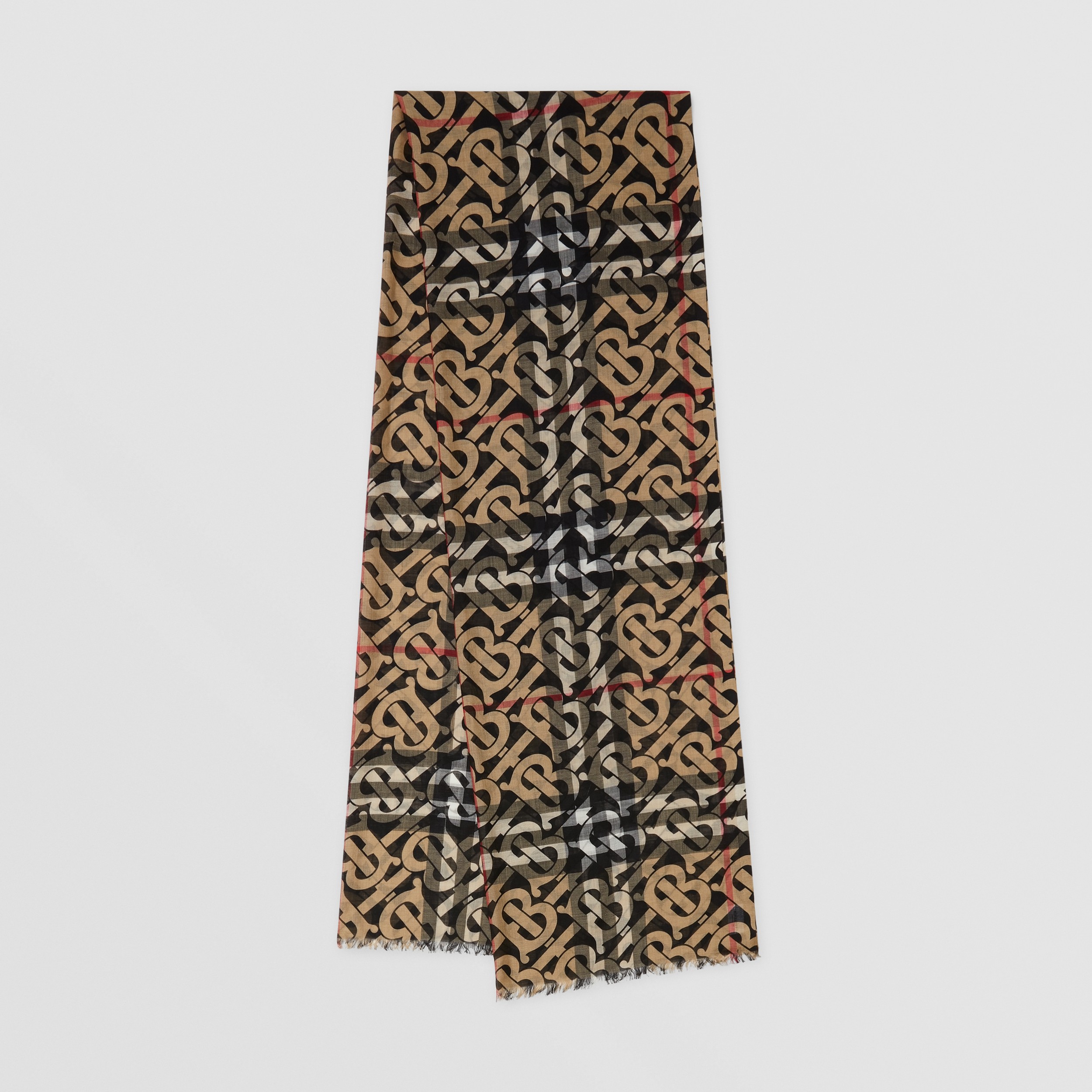 Monogram Print Lightweight Check Wool Silk Scarf in Archive Beige | Burberry® Official - 1