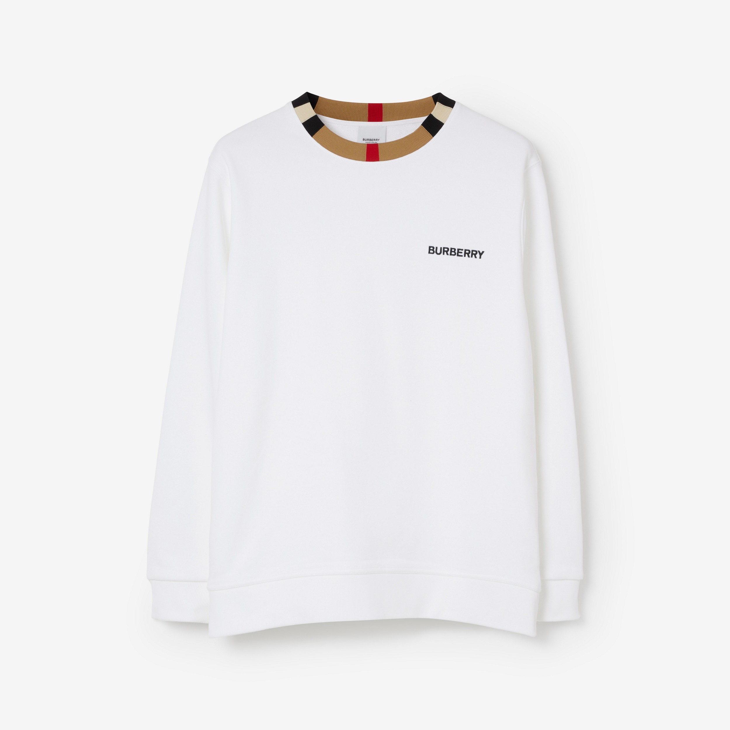 Icon Stripe Trim Cotton Sweatshirt in White - Men | Burberry® Official - 1